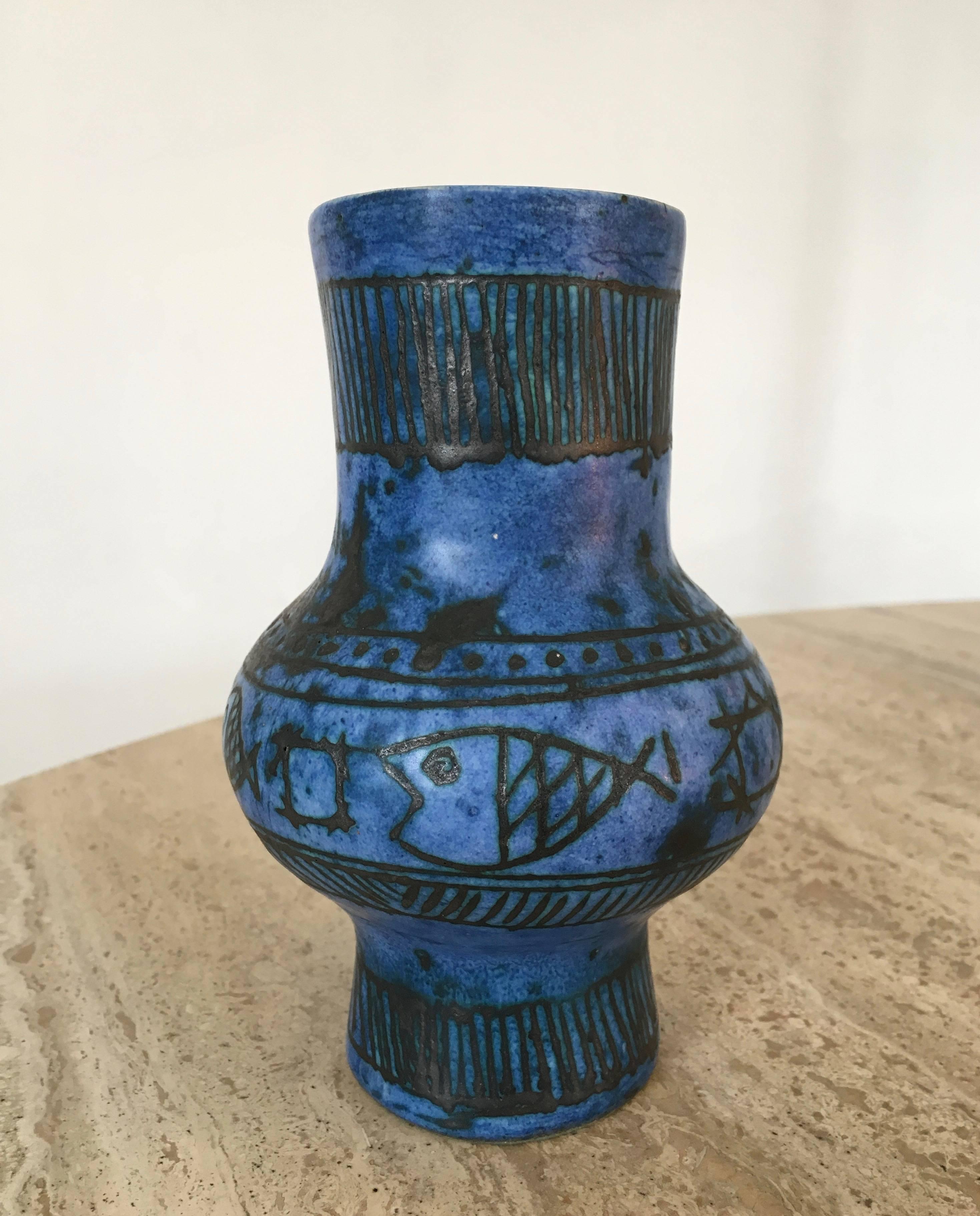 French Ceramic Sgraffito Blue Glazed Vase by Jacques Blin 1