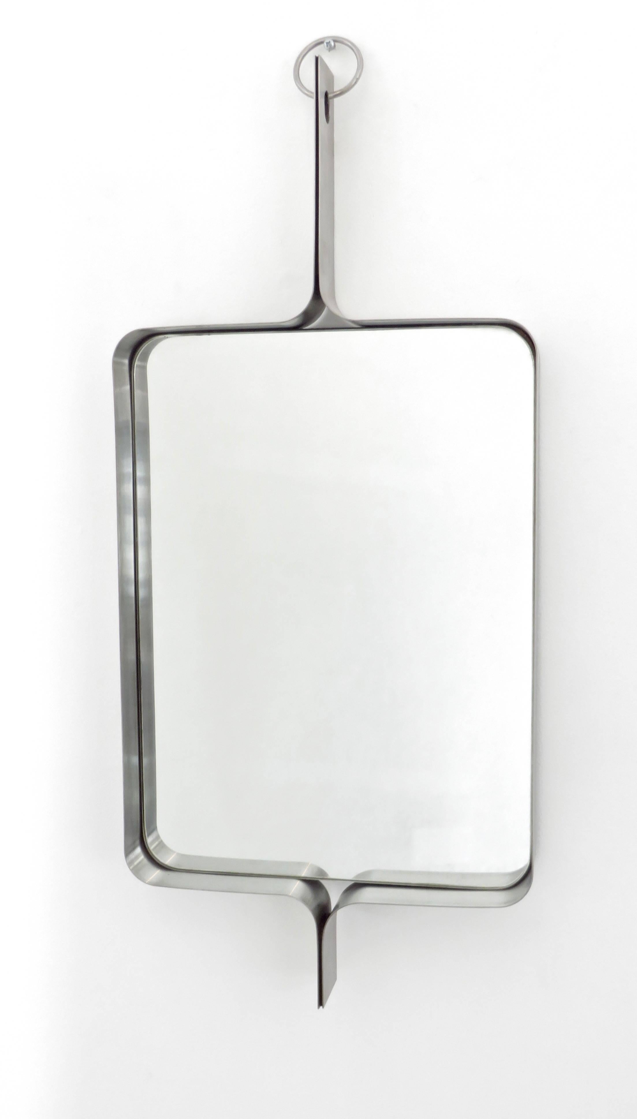 Xavier-Feal French Rectangular Brushed Stainless Steel Wall Mirror, circa 1970 In Excellent Condition In Chicago, IL