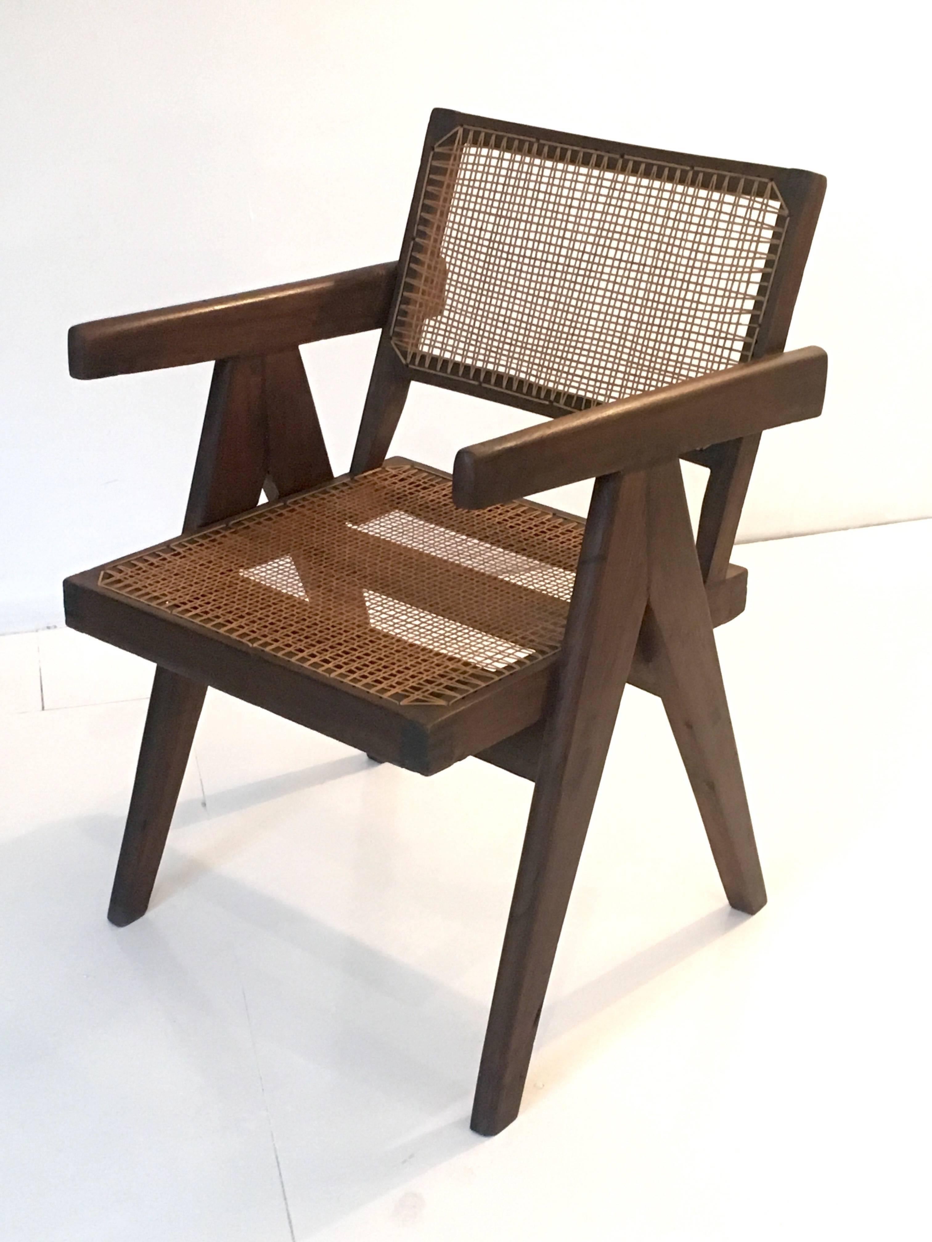 Indian Teak Office Cane Chair Armchair by Pierre Jeanneret from Chandigarh