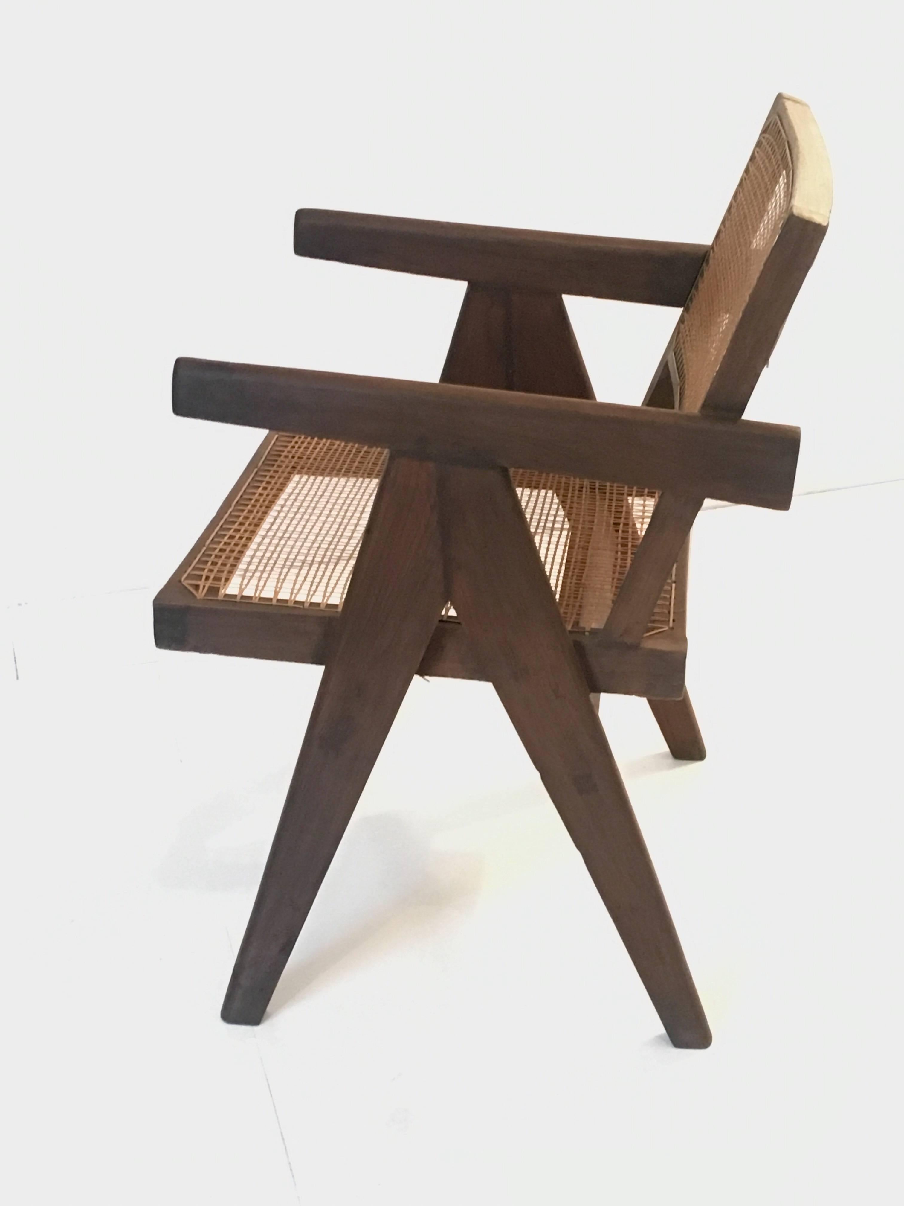 Teak Office Cane Chair Armchair by Pierre Jeanneret from Chandigarh In Excellent Condition In Chicago, IL