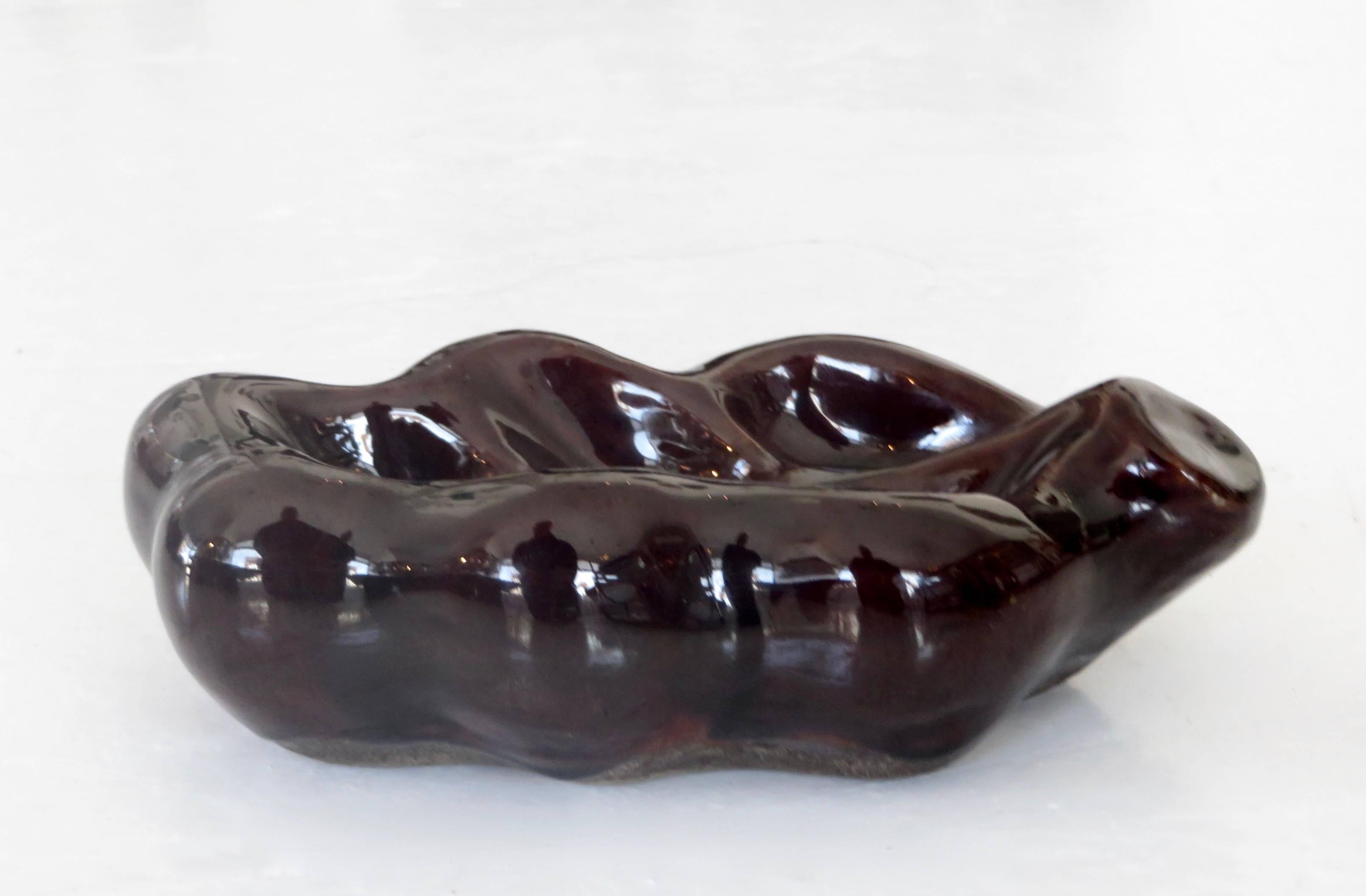 Mid-Century Modern Georges Jouve French Ceramic Artist Feuille Dish in Dark Brown Aubergine