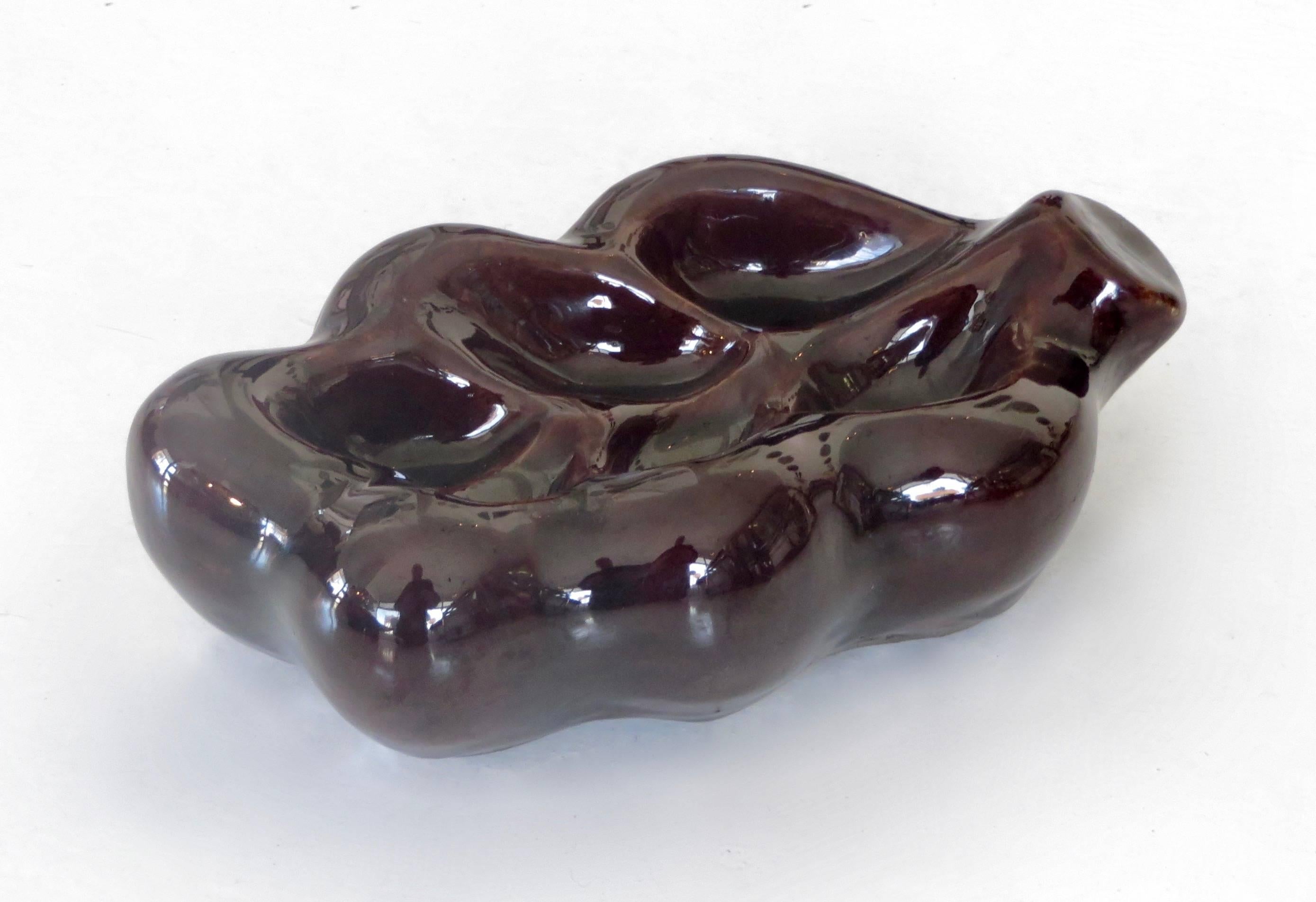 Georges Jouve French Ceramic Artist Feuille Dish in Dark Brown Aubergine In Excellent Condition In Chicago, IL