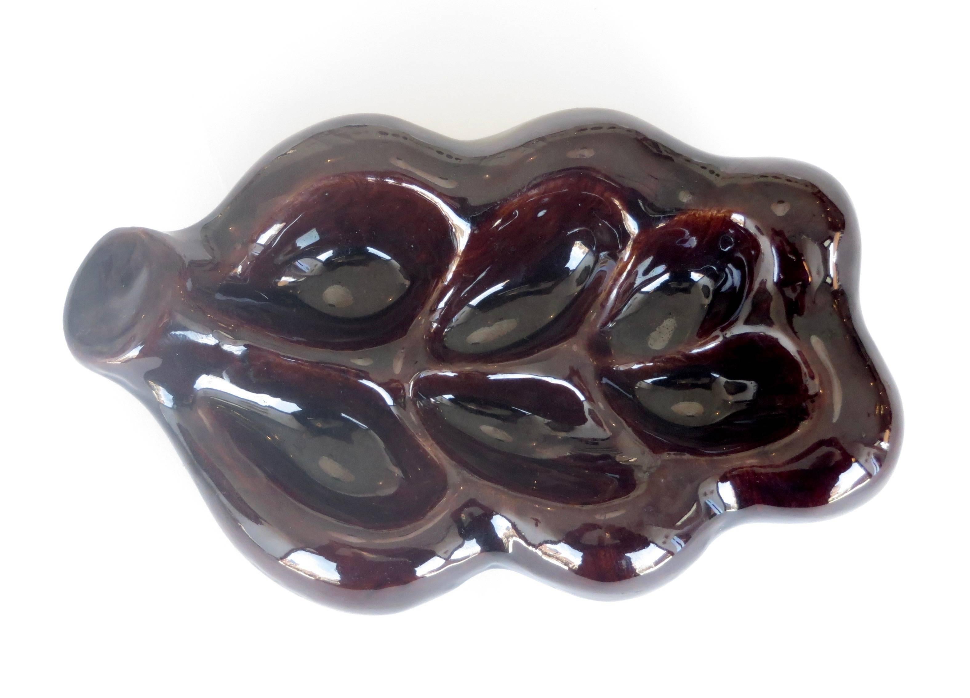 Mid-20th Century Georges Jouve French Ceramic Artist Feuille Dish in Dark Brown Aubergine