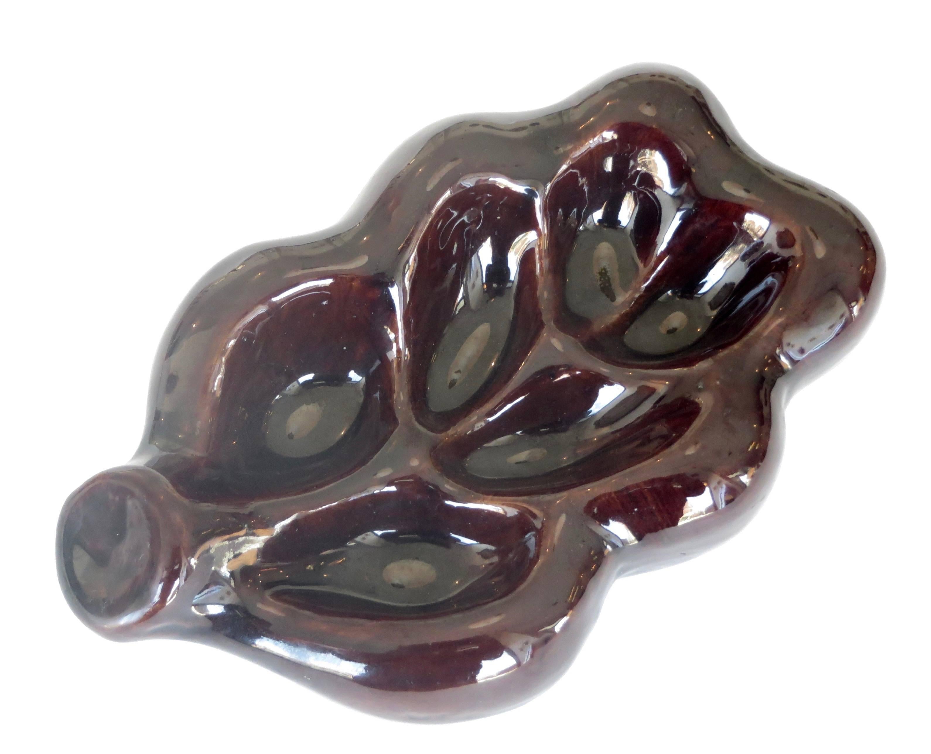 Georges Jouve French Ceramic Artist Feuille Dish in Dark Brown Aubergine 1