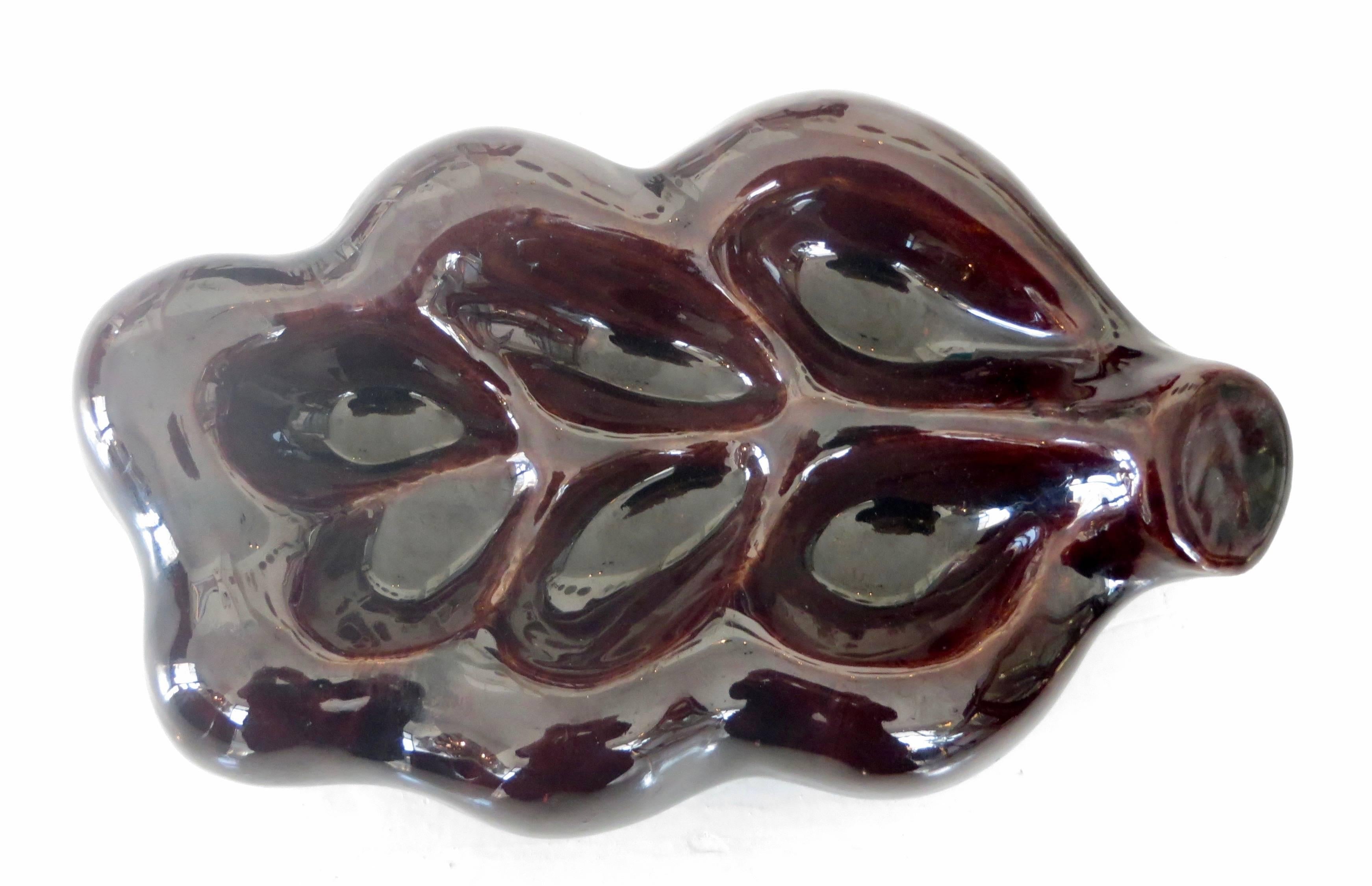 Georges Jouve French Ceramic Artist Feuille Dish in Dark Brown Aubergine 2