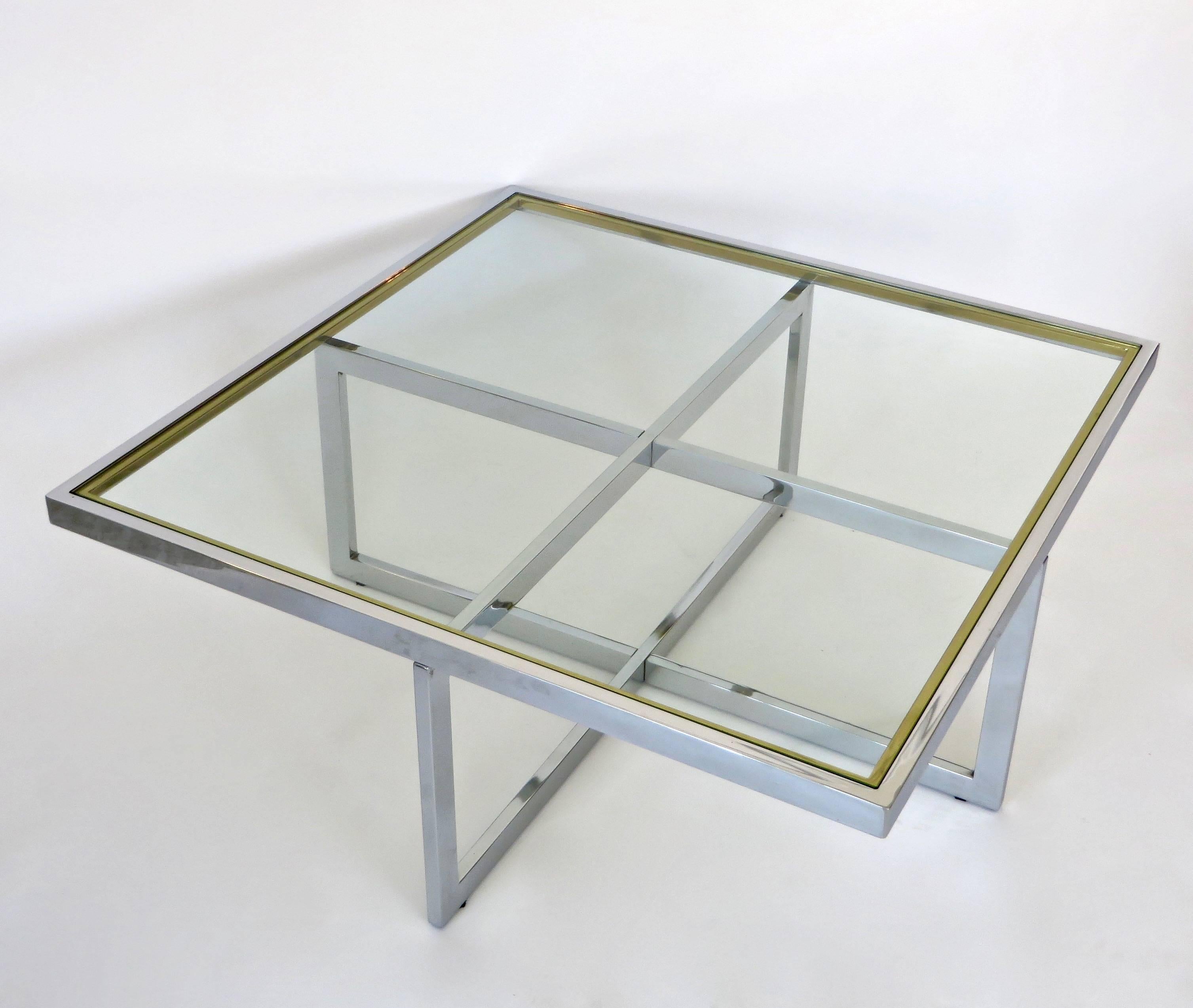 French Maison Charles et Fils Square Chrome and Brass Coffee Table, circa 1970 In Excellent Condition In Chicago, IL