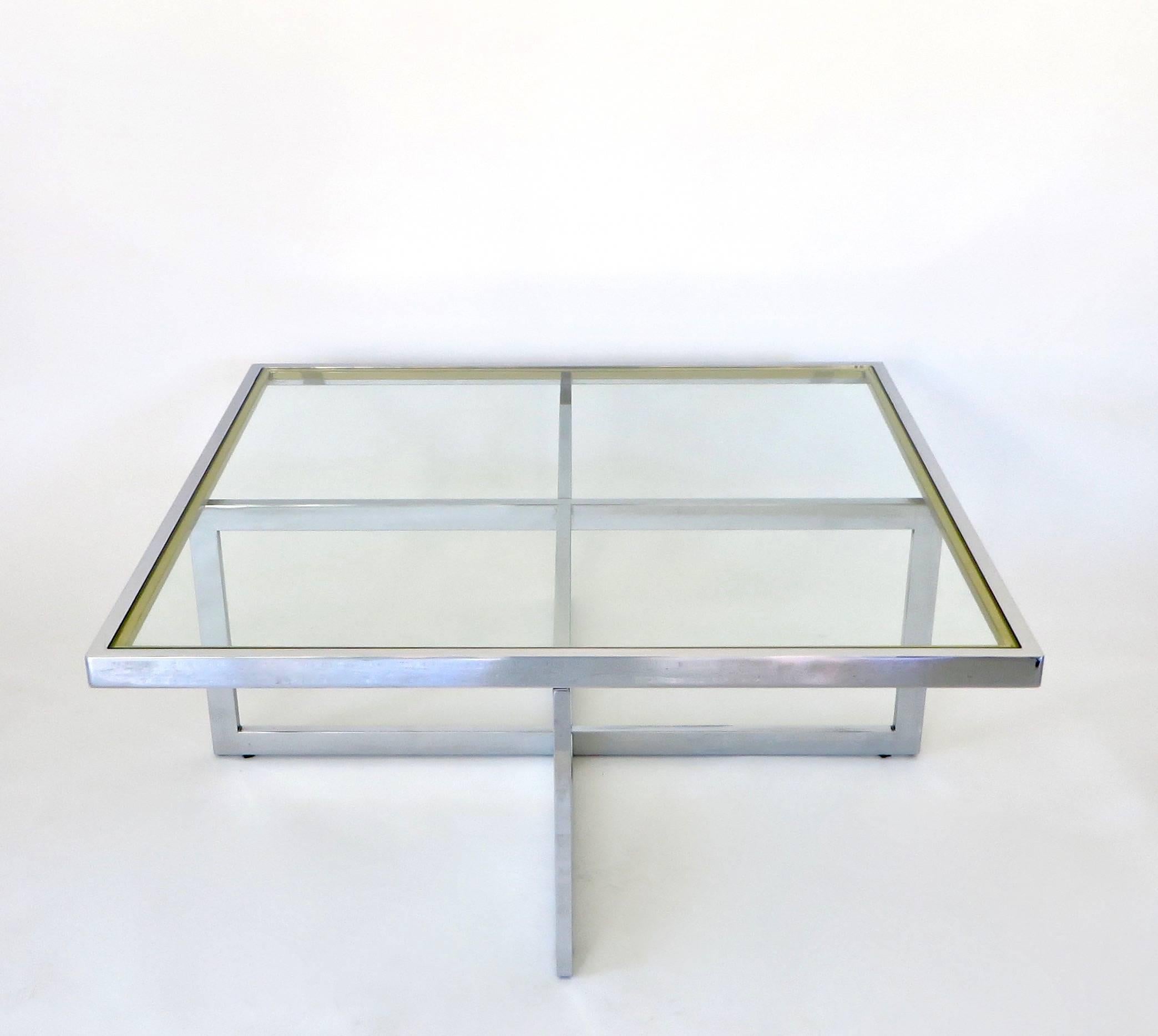 French Maison Charles et Fils Square Chrome and Brass Coffee Table, circa 1970 1