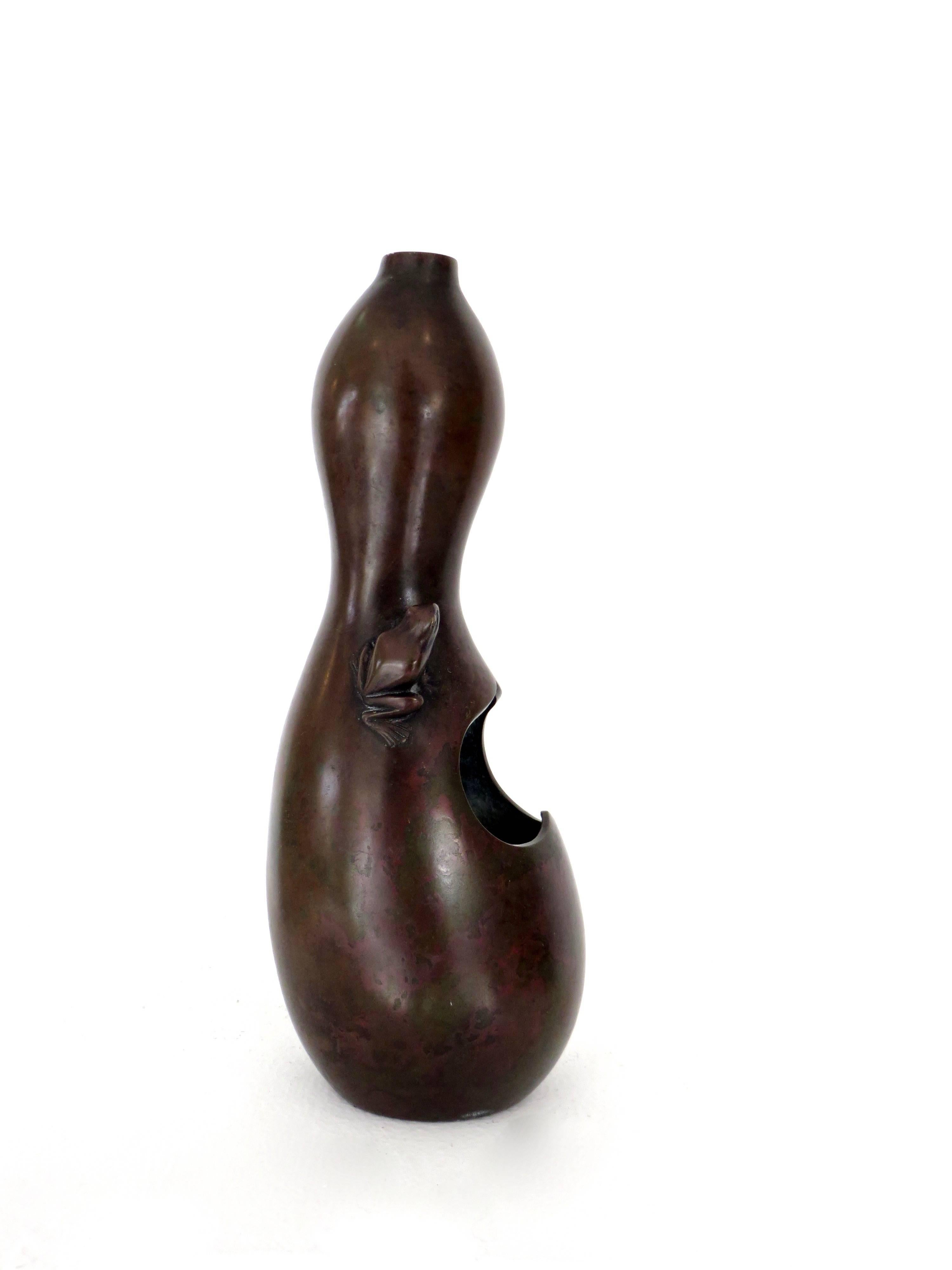 Japanese Gourd Shaped Bronze Vase with Frog 1