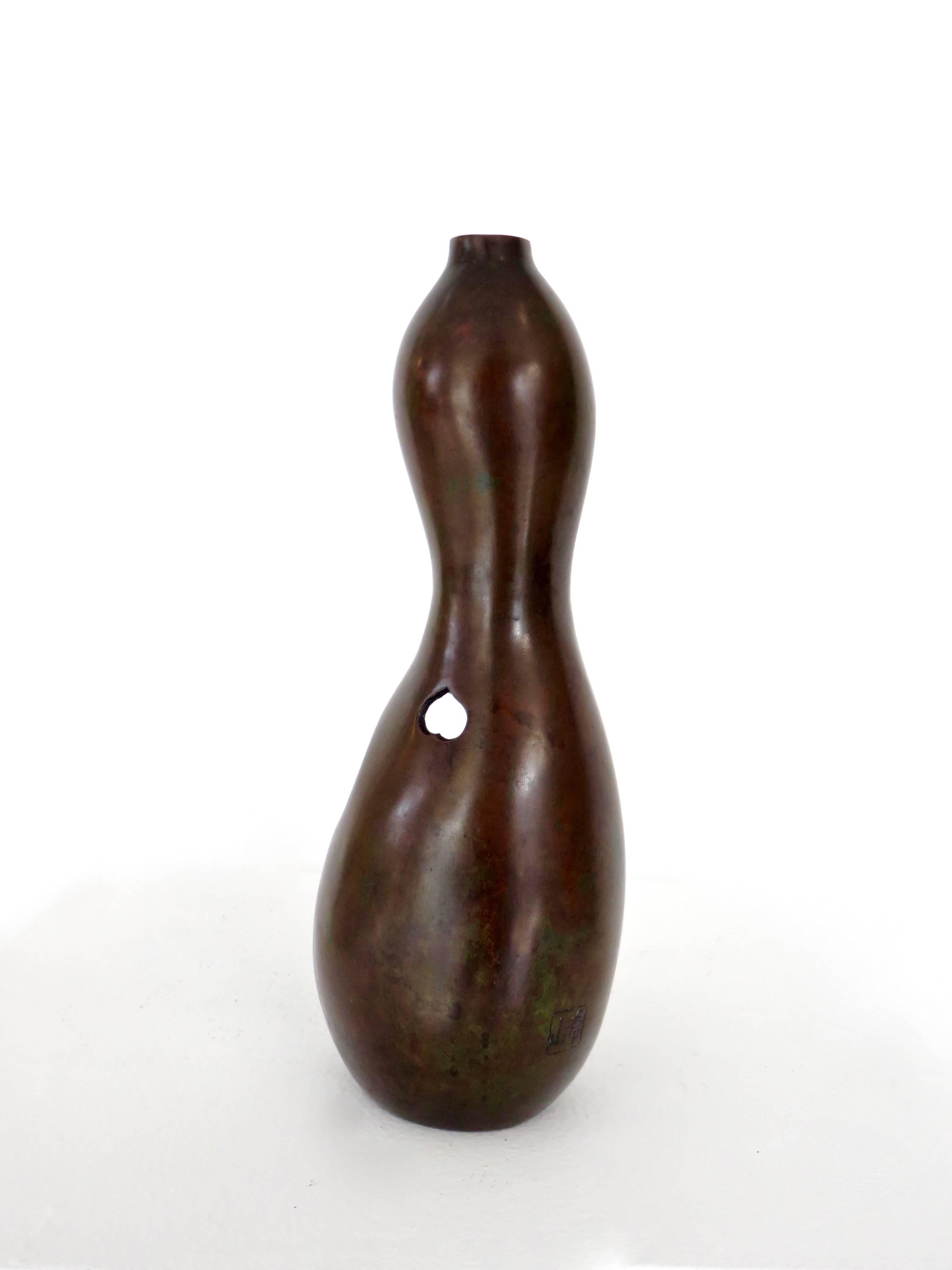 Japanese Gourd Shaped Bronze Vase with Frog 2