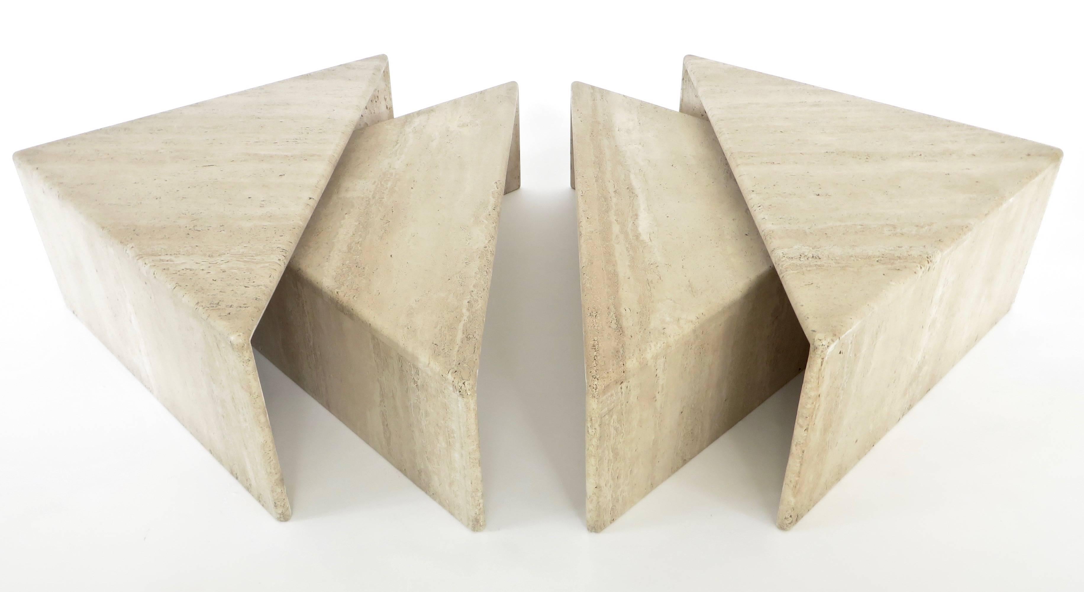 An Italian four-part modular multi level travertine coffee table, circa 1970.
Each part can be arranged in any formation as sculptural as one wishes or used as a coffee table and side tables.
Beautiful honed travertine with various tones of