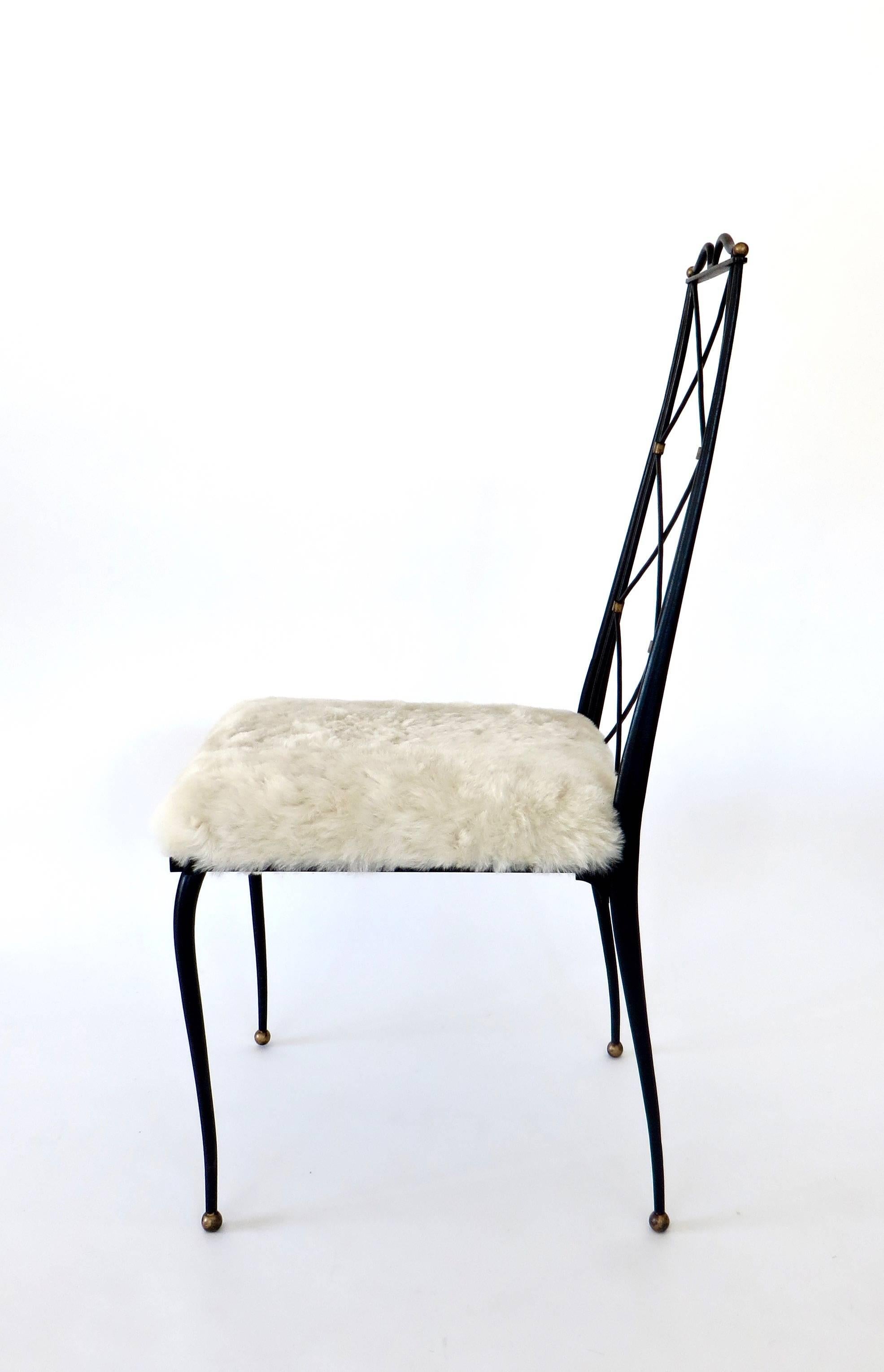 Mid-20th Century Rene Prou French Black Iron and Gilded Side Chairs With Lamp Shearling Seats
