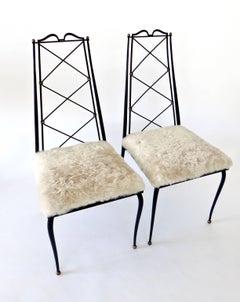 Rene Prou French Black Iron and Gilded Side Chairs With Lamp Shearling Seats