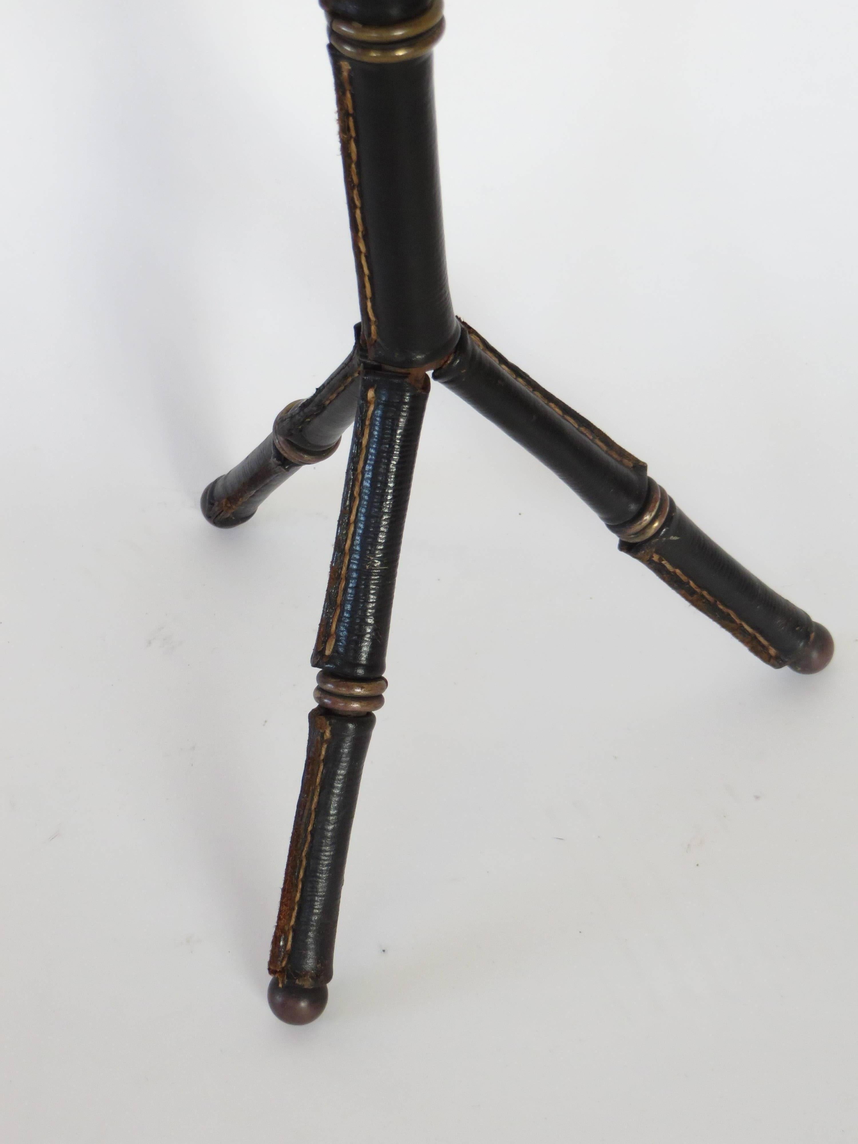 Jacques Adnet Leather Bamboo Motif Tripod Side or Drink Table In Good Condition In Chicago, IL