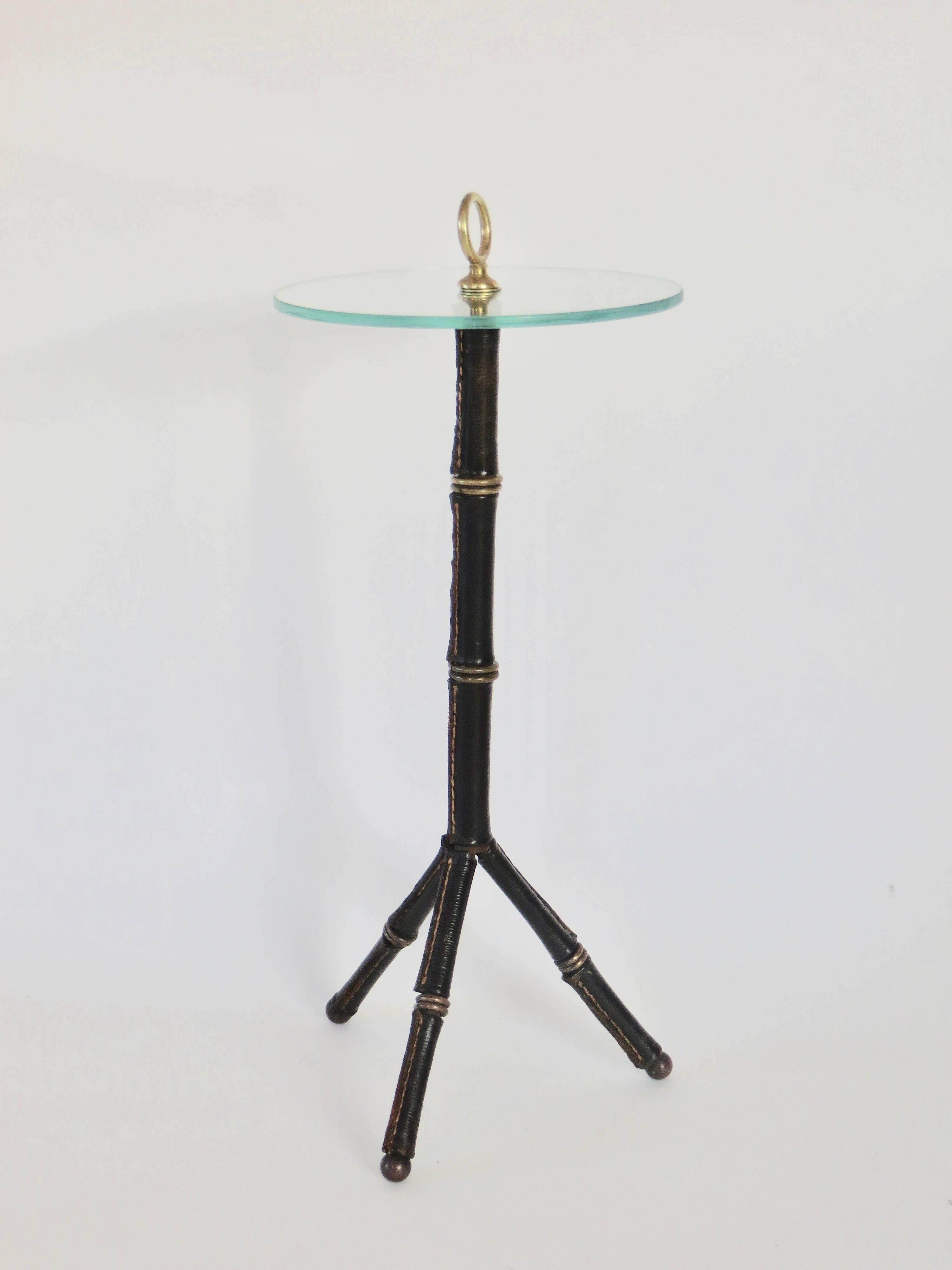 Mid-Century Modern Jacques Adnet Leather Bamboo Motif Tripod Side or Drink Table