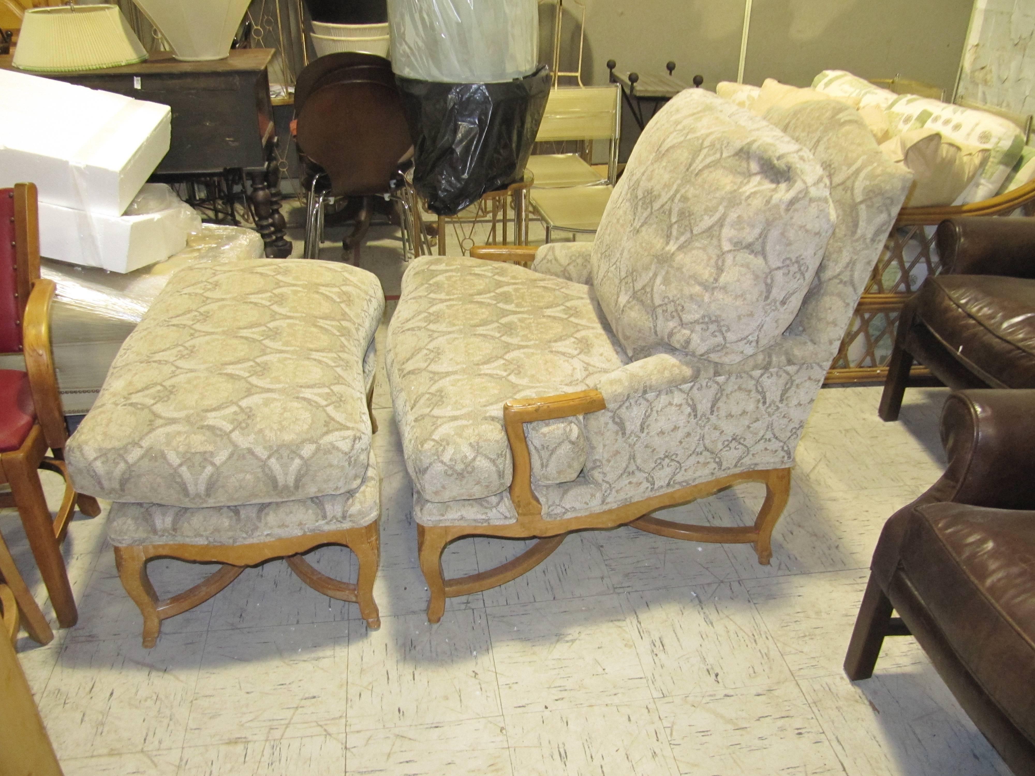 French Pair of Louis XV Style Upholstered Fauteuils with Ottoman