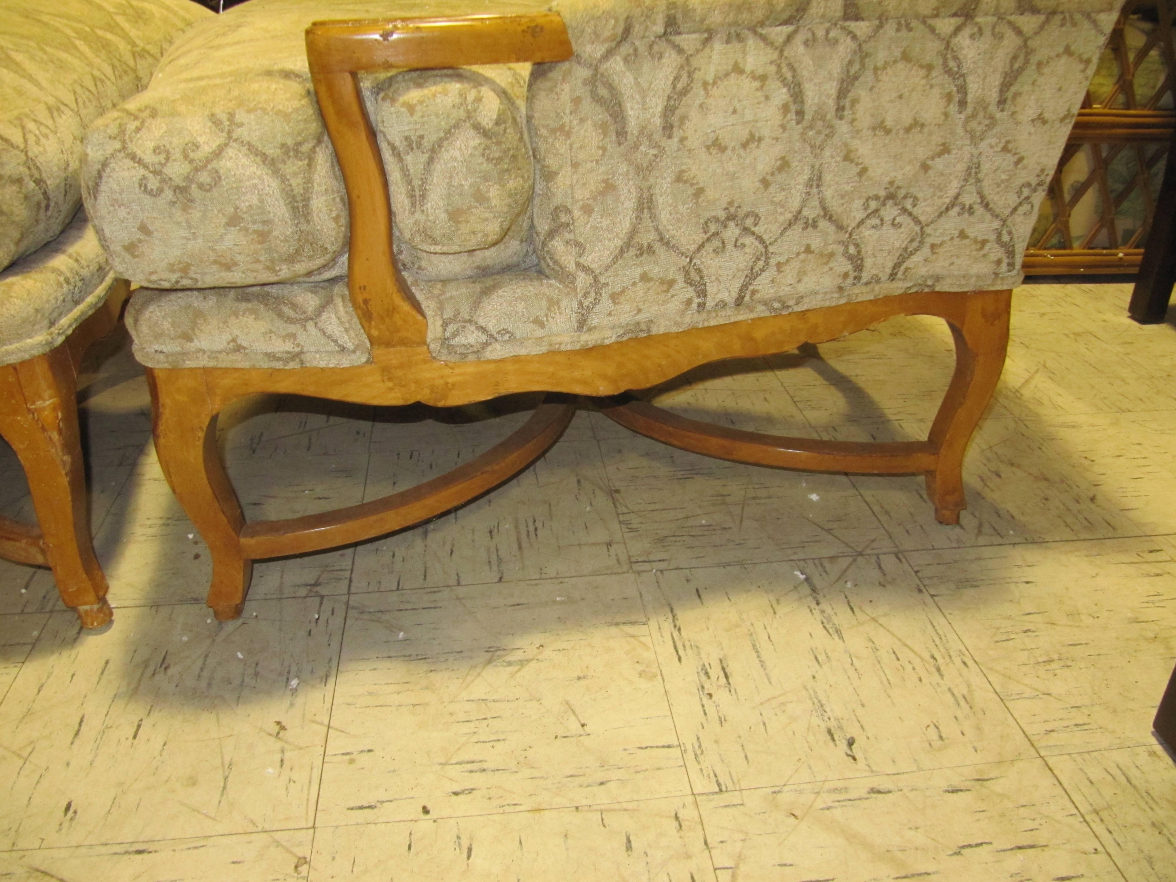 Pair of Louis XV Style Upholstered Fauteuils with Ottoman In Excellent Condition In Buchanan, MI
