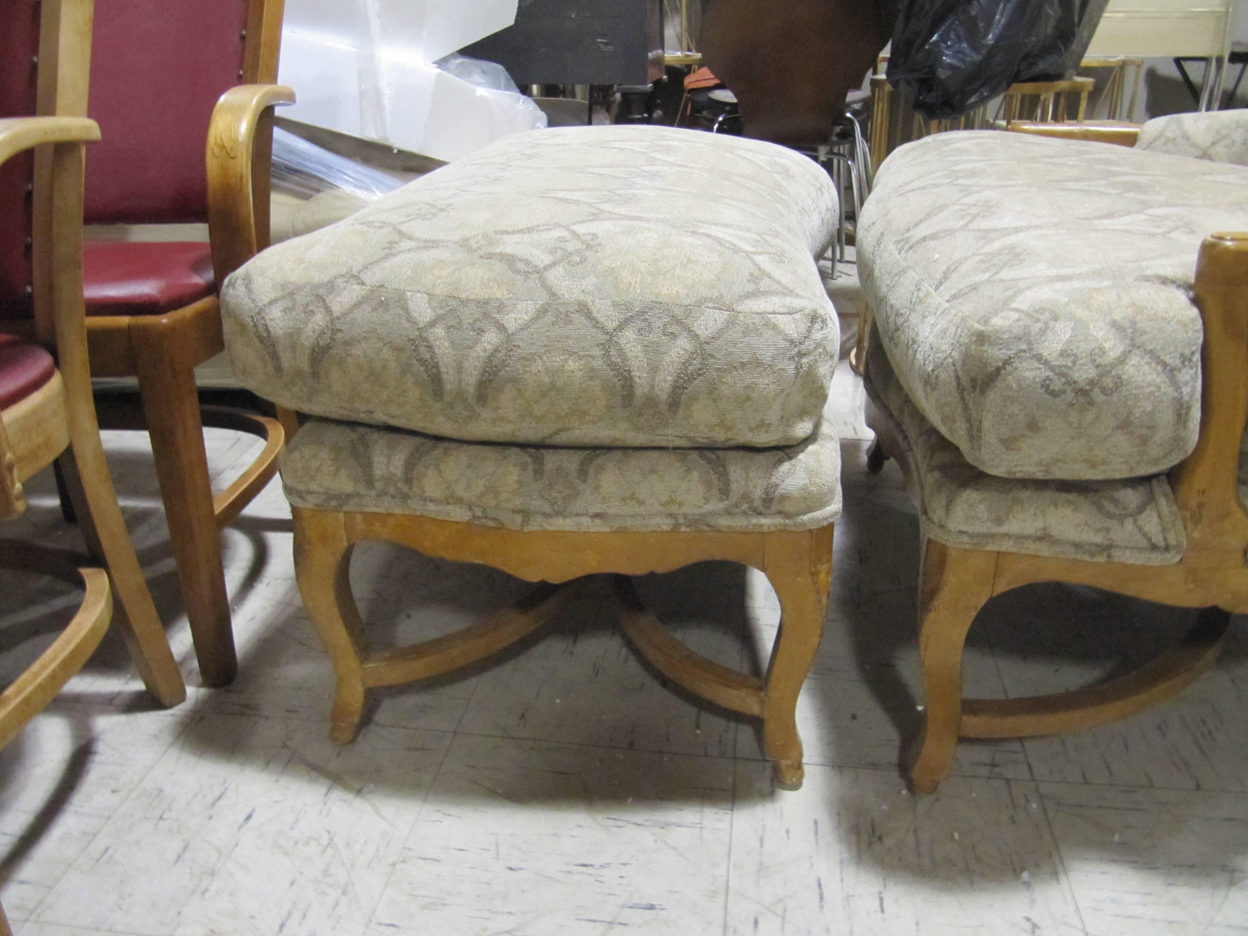 20th Century Pair of Louis XV Style Upholstered Fauteuils with Ottoman