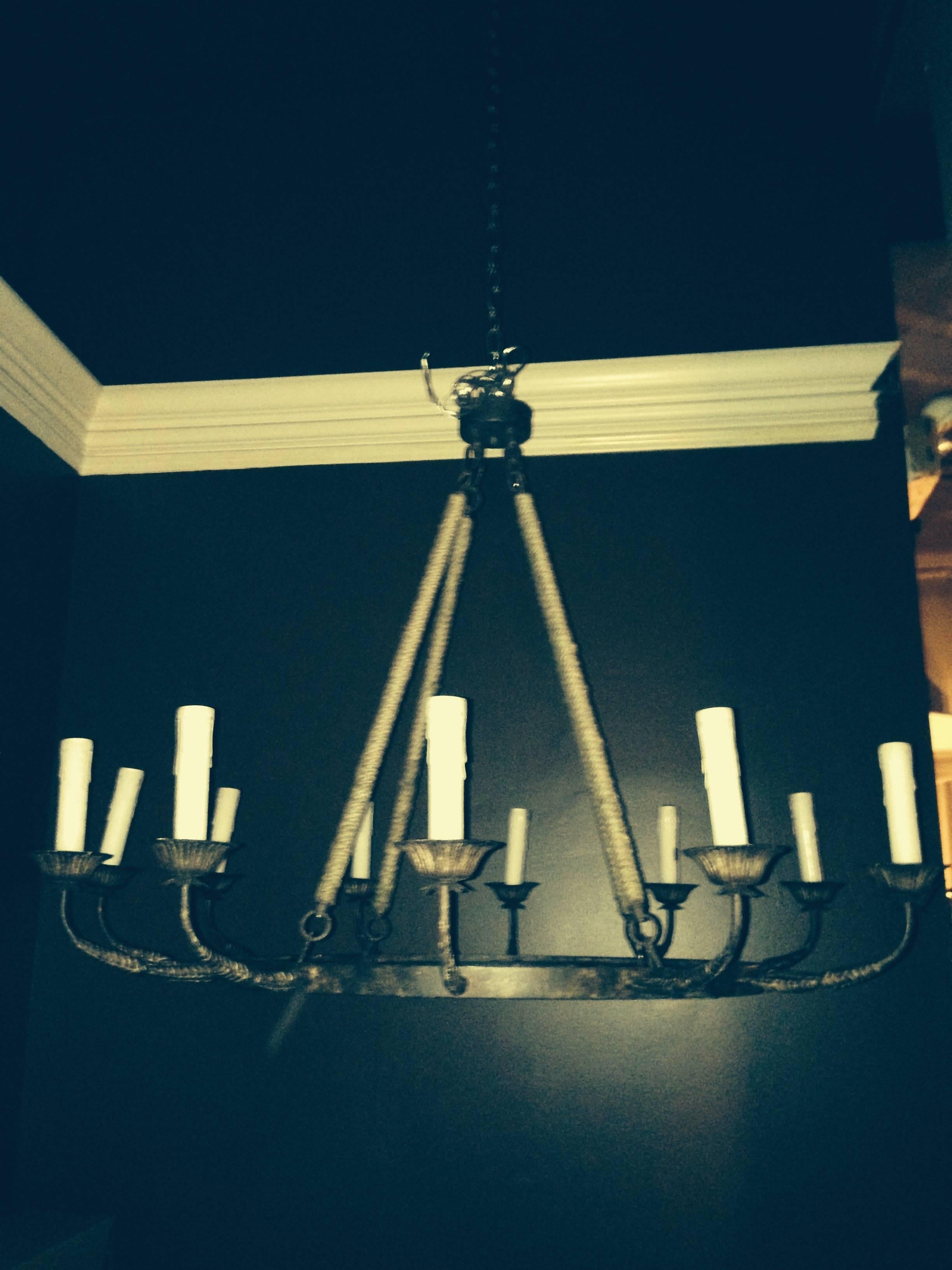 Unknown Pair of Twelve-Arm Metal Chandeliers With Rope Trim of Large-Scale.