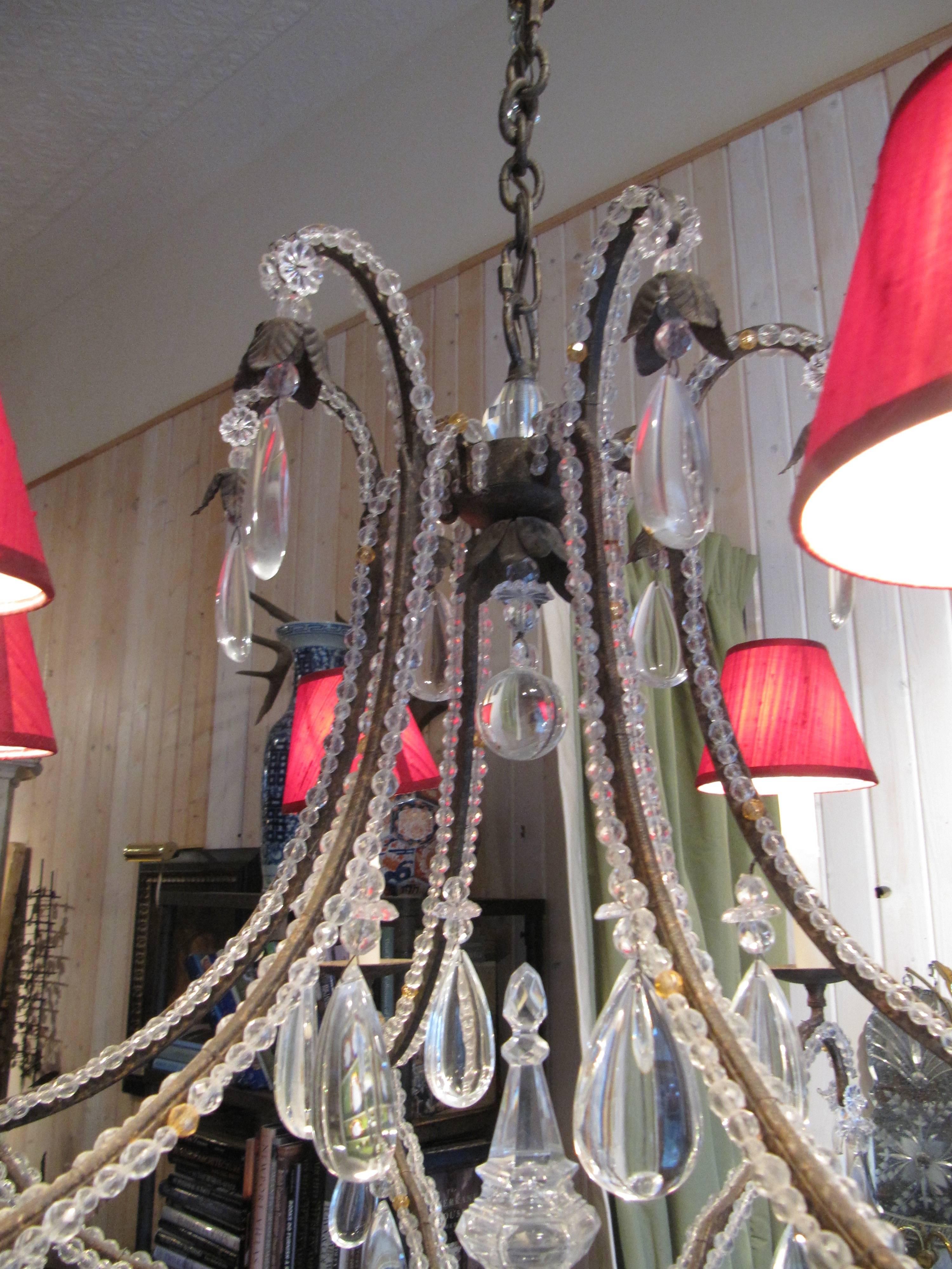 French Beaded Wrought Iron Six-Light Chandelier For Sale