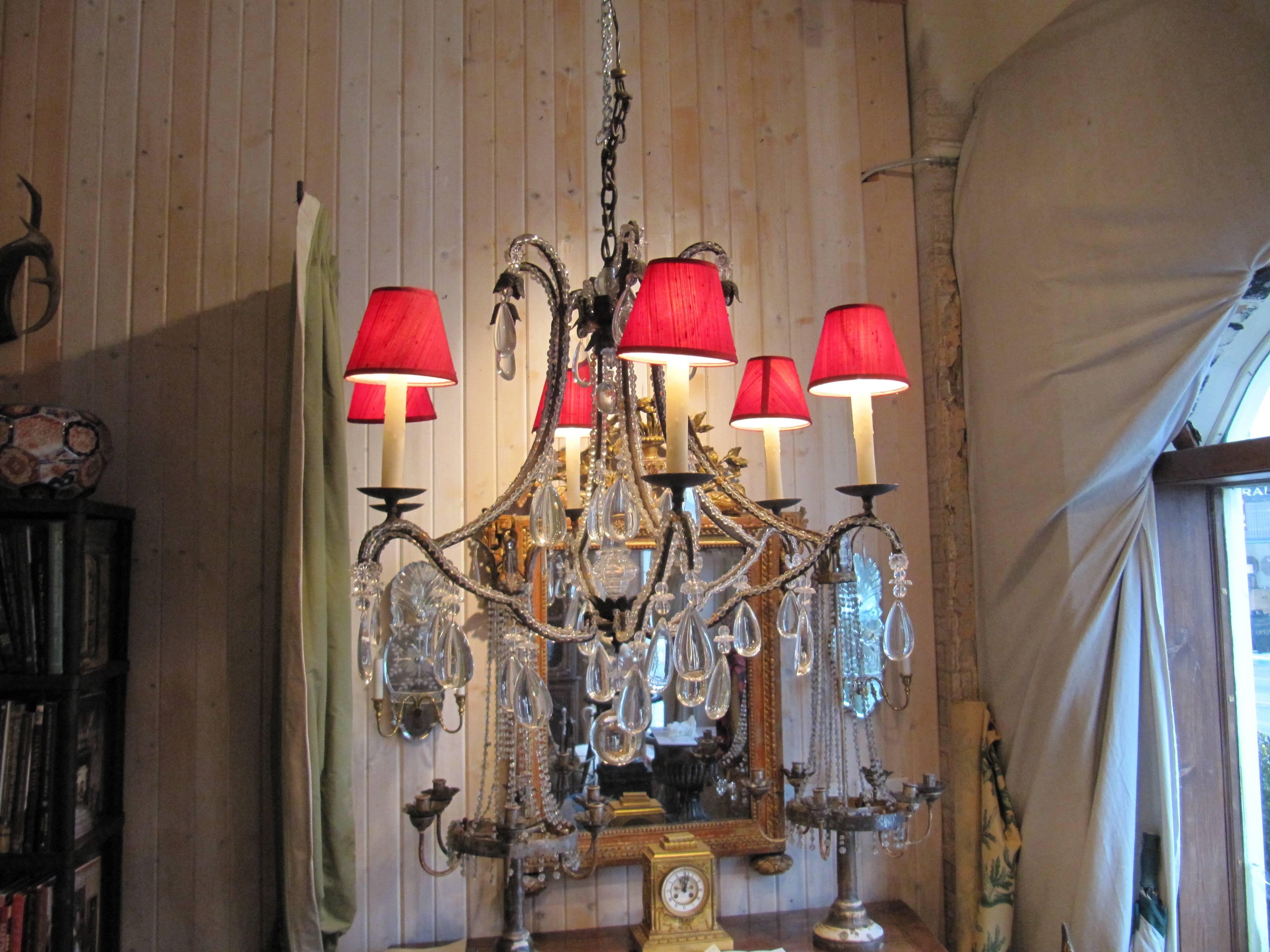 Beaded Wrought Iron Six-Light Chandelier In Excellent Condition For Sale In Buchanan, MI