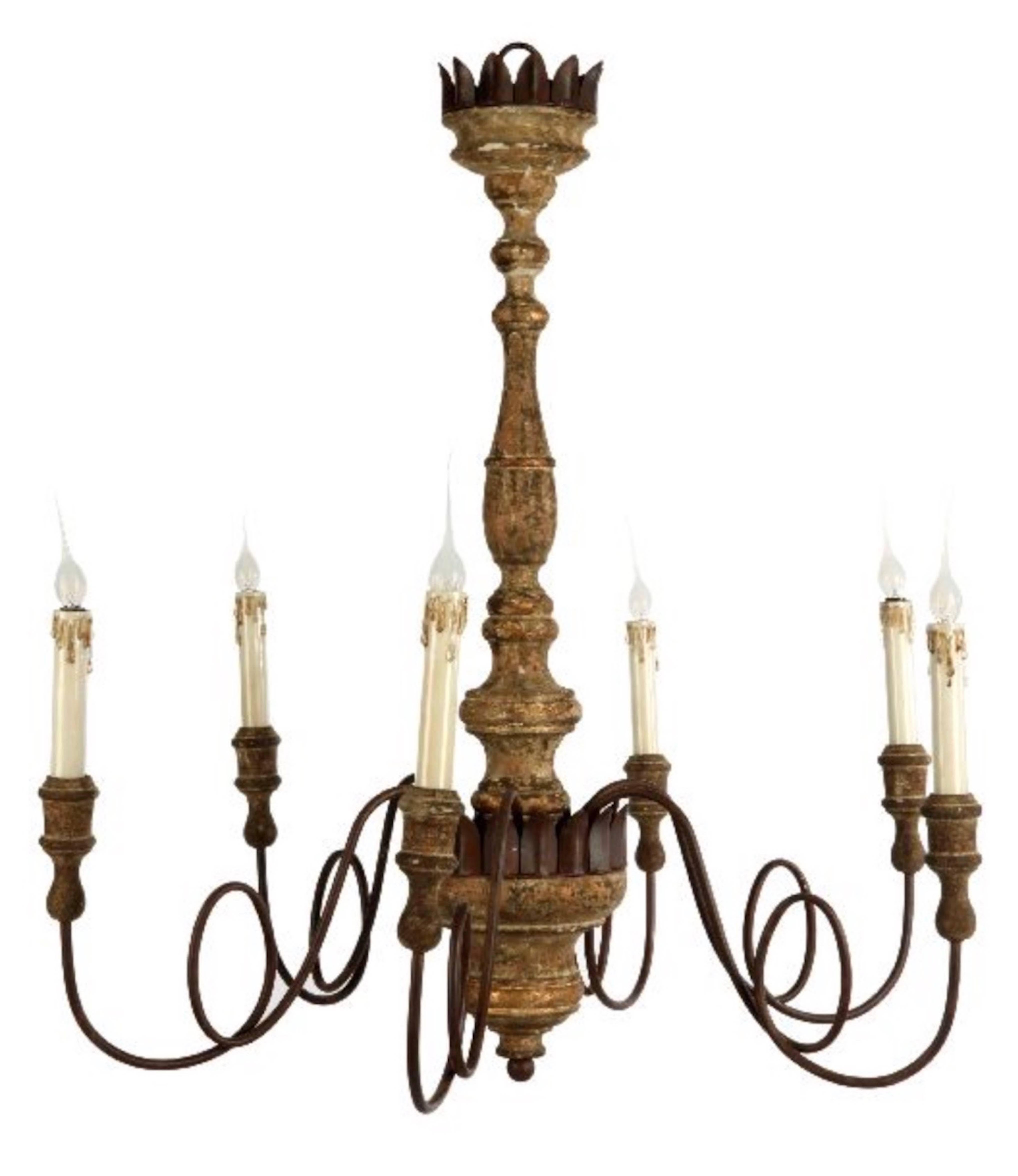 Unknown Set of Four Italian Style Carved Wood and Iron Chandeliers with Lovely Patina
