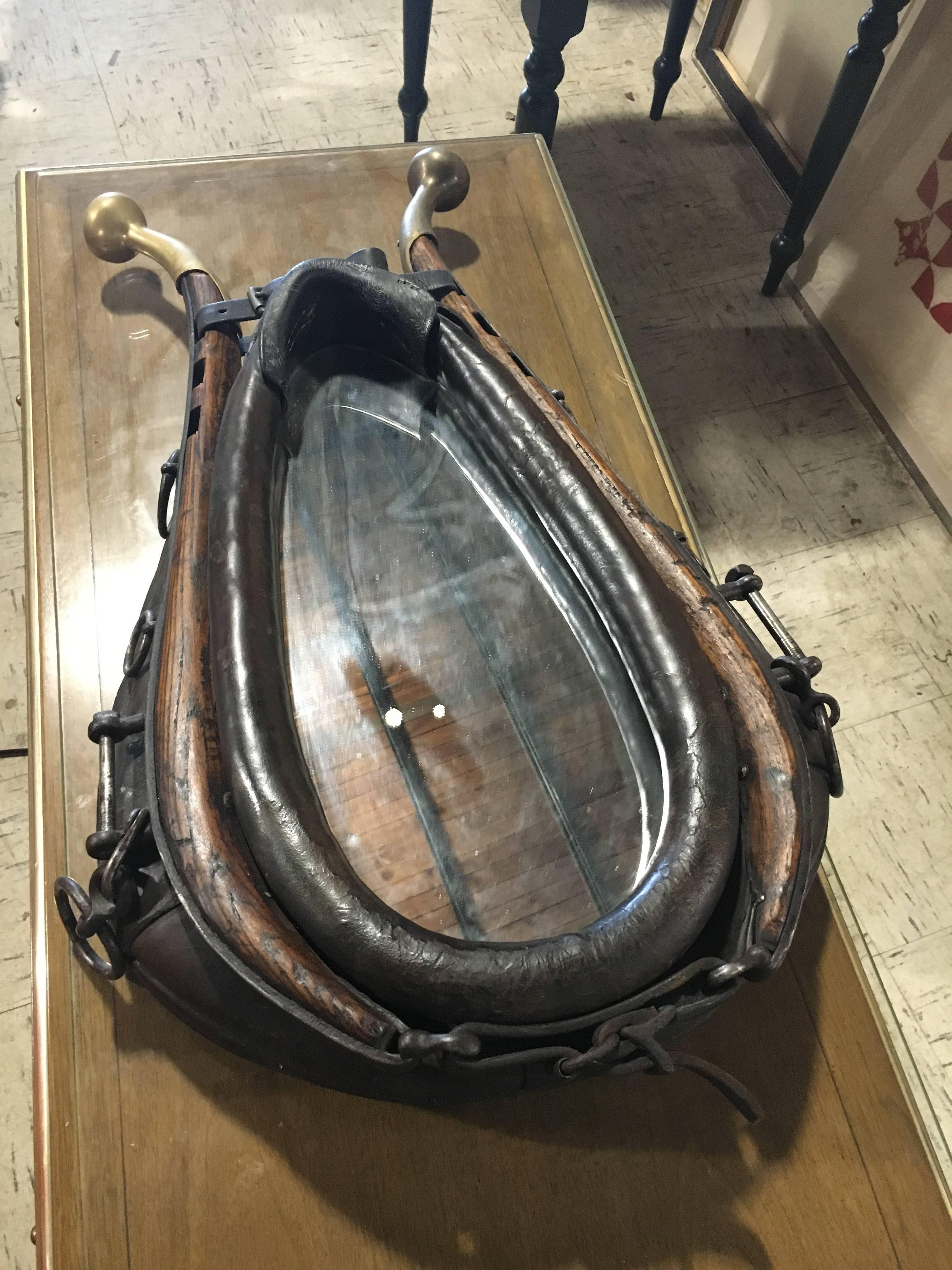 Handsome 19th Century Leather, Wood and Brass Horse Collar Mounted as Mirror In Good Condition In Buchanan, MI