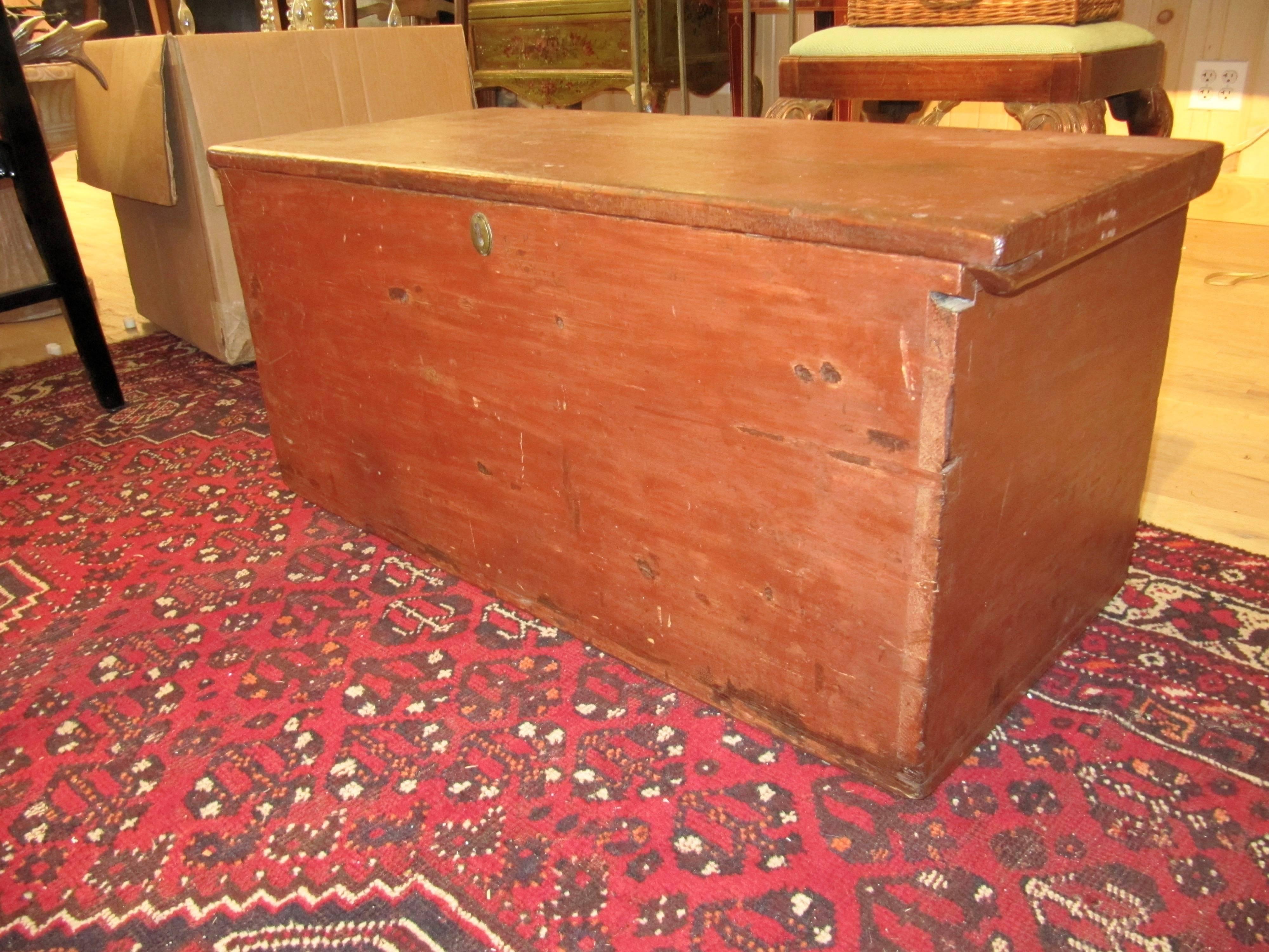 Handsome 19th century American painted trunk with lovely worn painted finish
having a rectangular lift top over the conforming case fitted with a single drawer. 
Measures: Height 16 1/4 x width 36 x depth 15 1/4 inches.