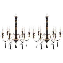 Two Regency Style Six-Arm Chandeliers with Ebonized Finish Gilt Details
