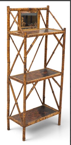 Bamboo and Lacquer Etagere 1900, H 56.5" W 23" Depth 13" Aesthetic Movement.