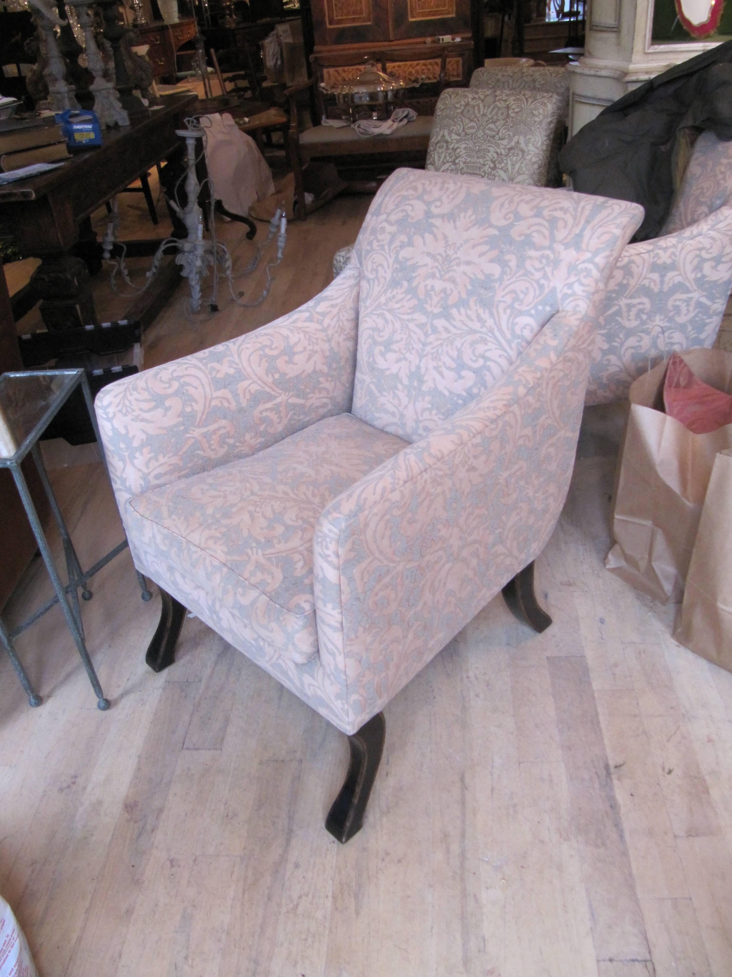 Exceptional pair of Rose Tarlow armchairs covered in Fortuny fabric.