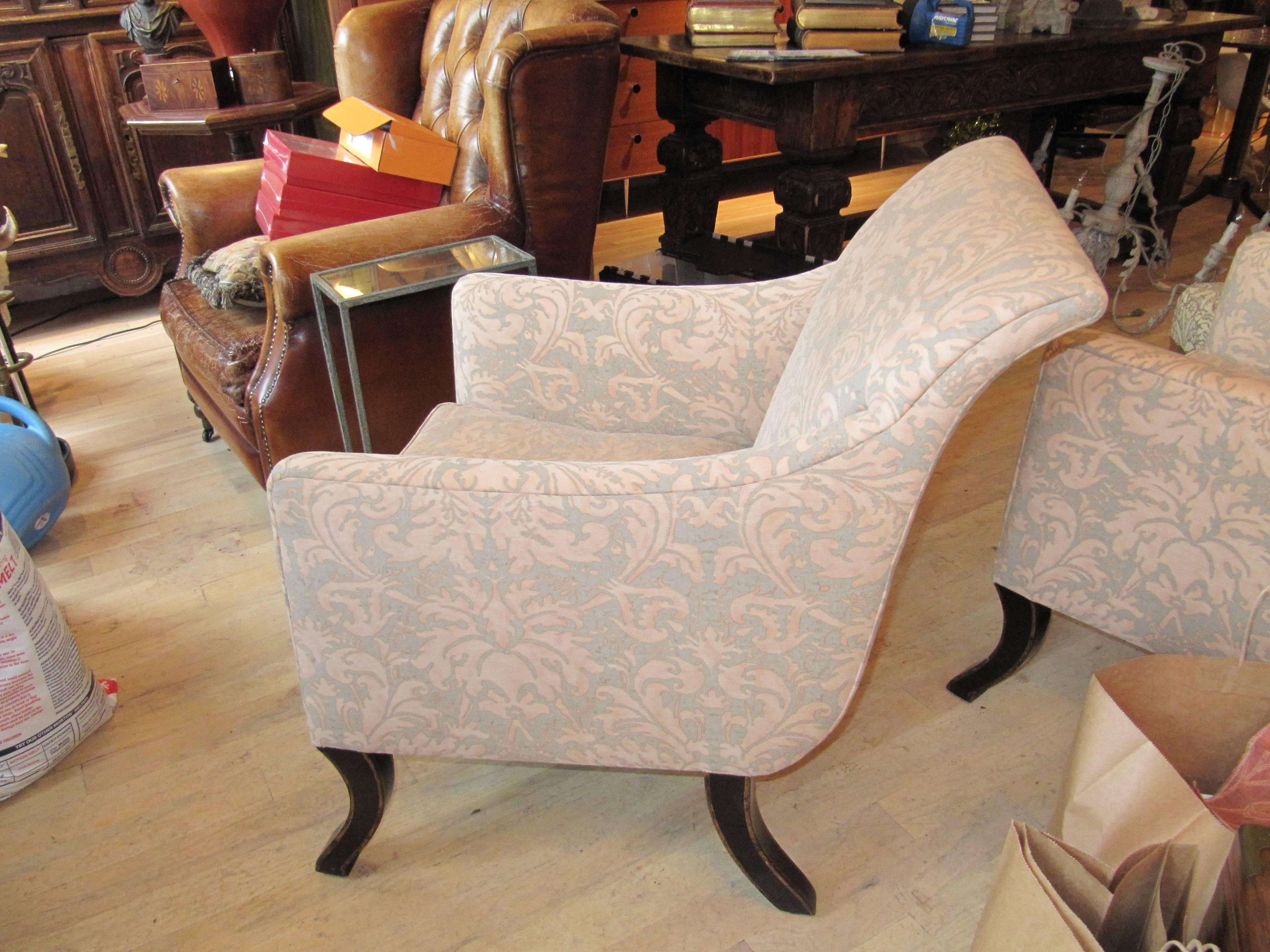 Hollywood Regency Exceptional Pair of Rose Tarlow Armchairs Covered in Fortuny Fabric