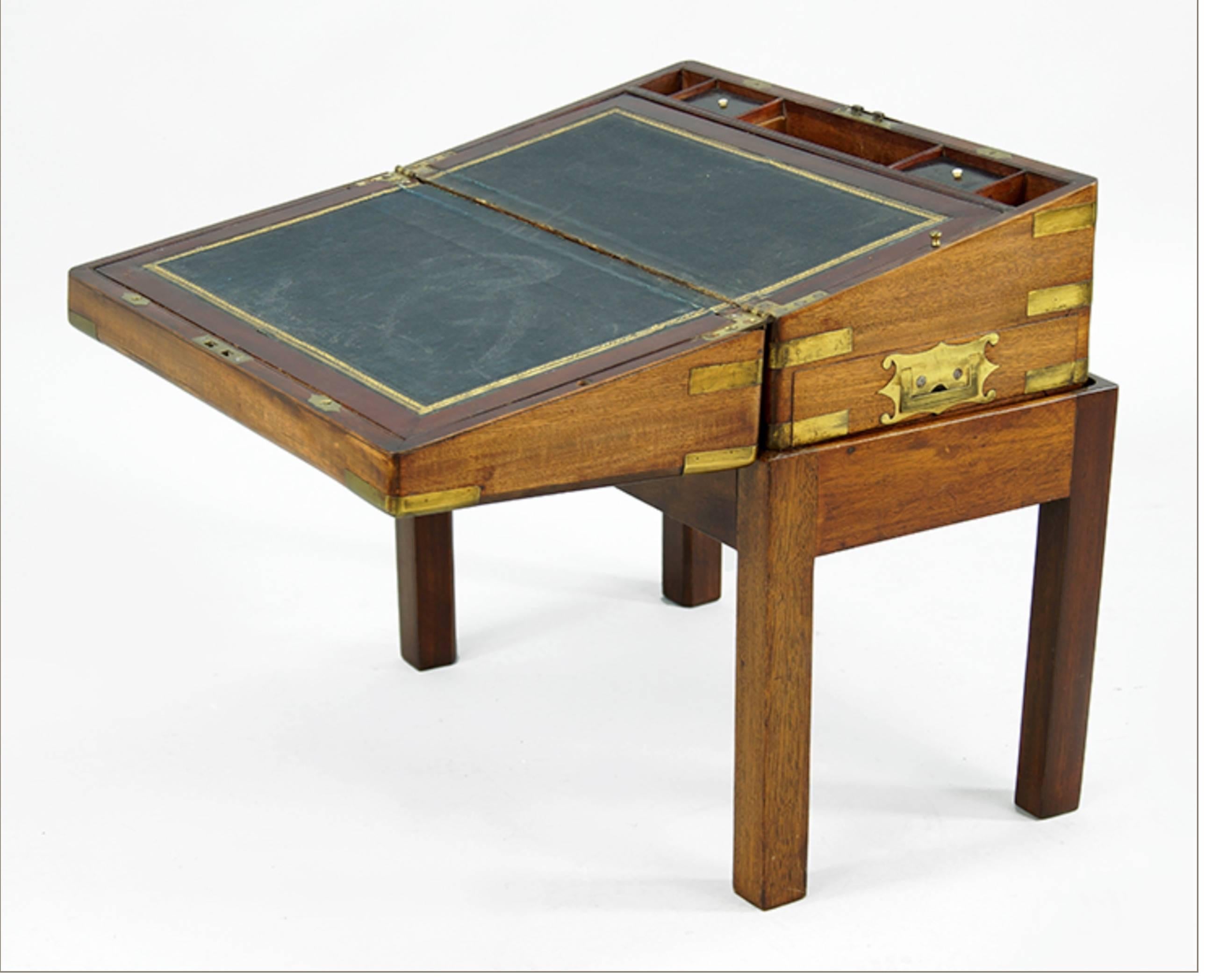 English George III mahogany writing box on later stand with brass inlay, great side table.