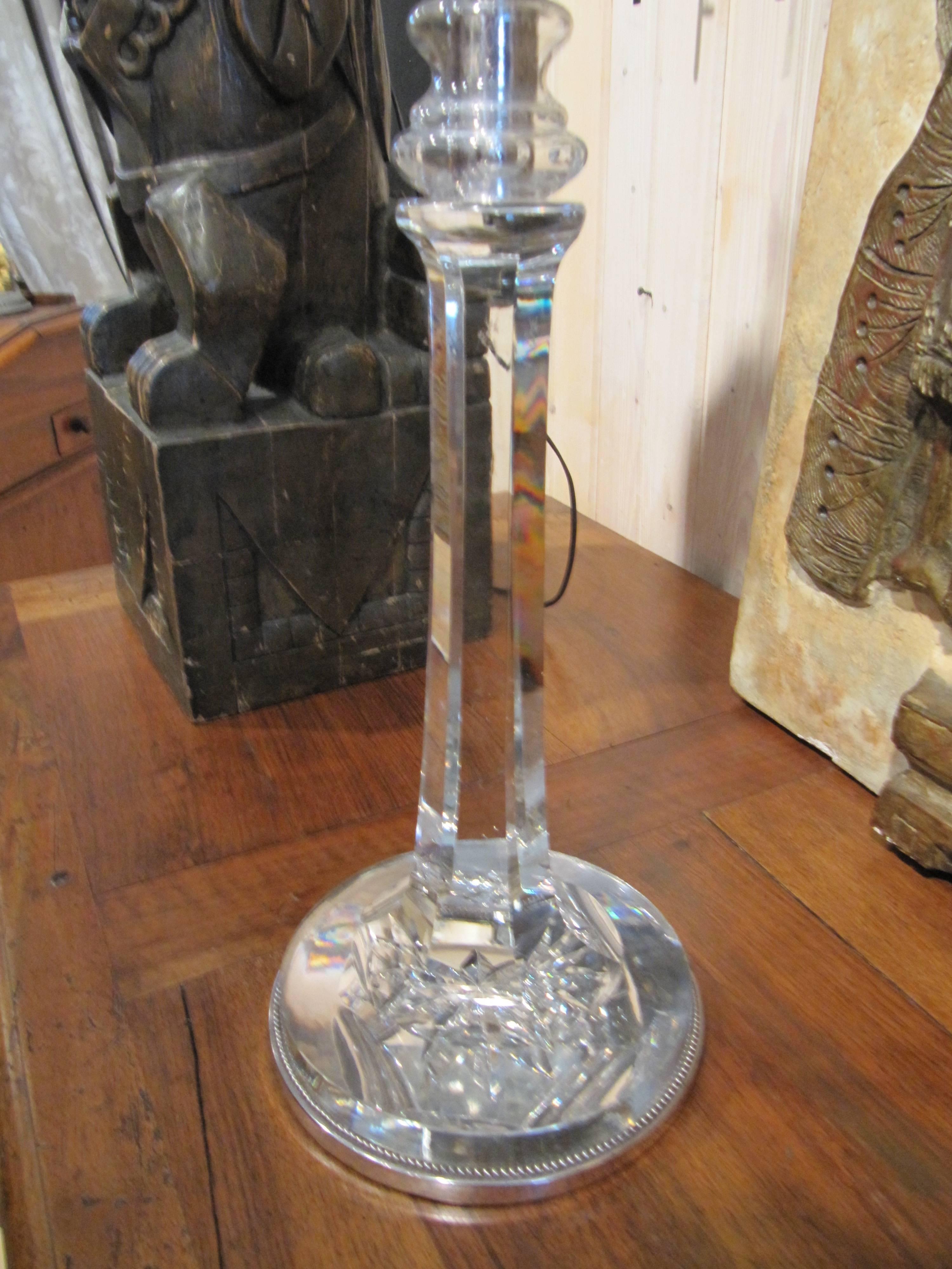 Handsome English cut crystal columnar lamp with silver base detail. Note: 17