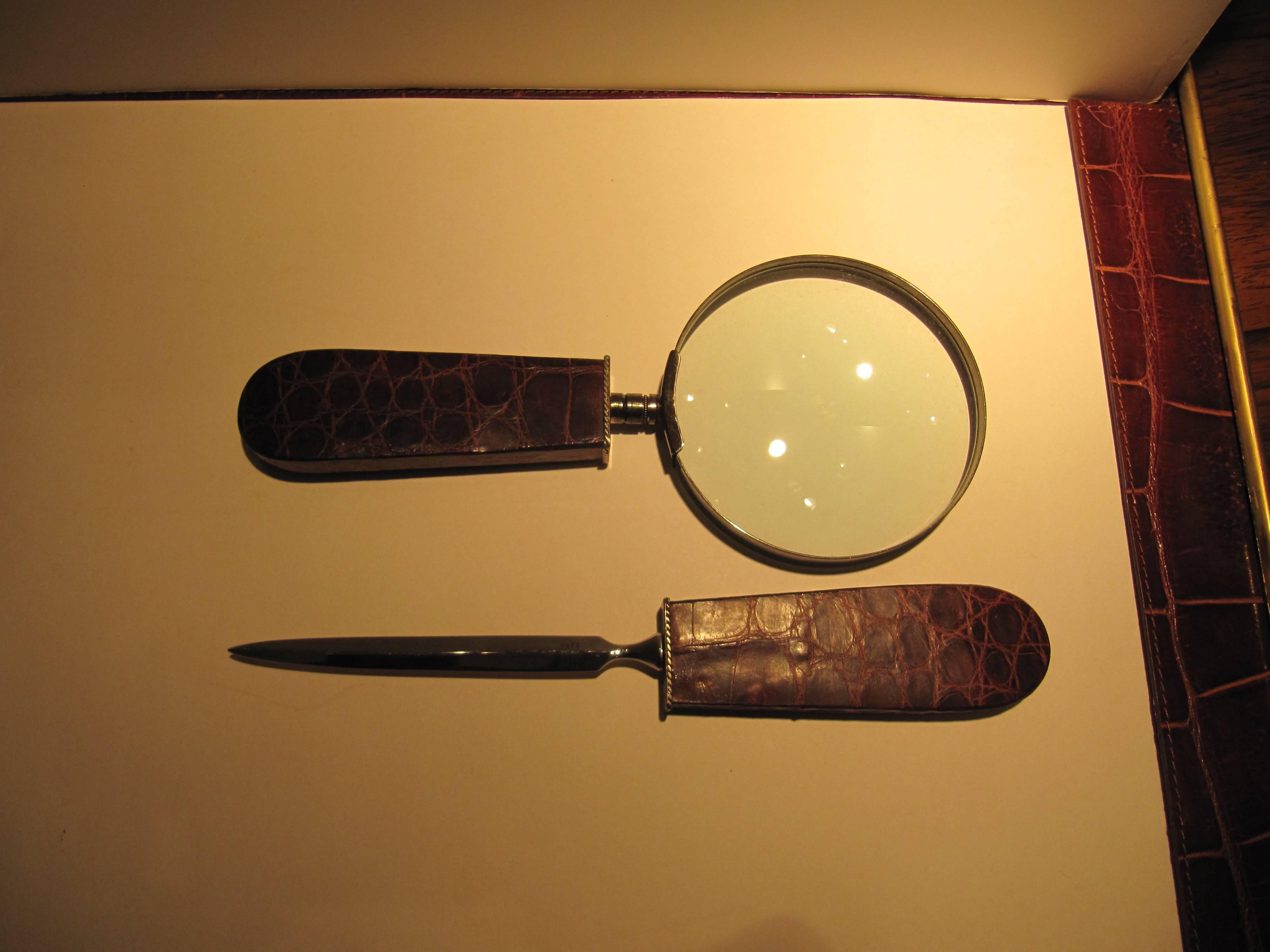 Handsome letter opener, magnifying glass with alligator handles, sterling mounts.