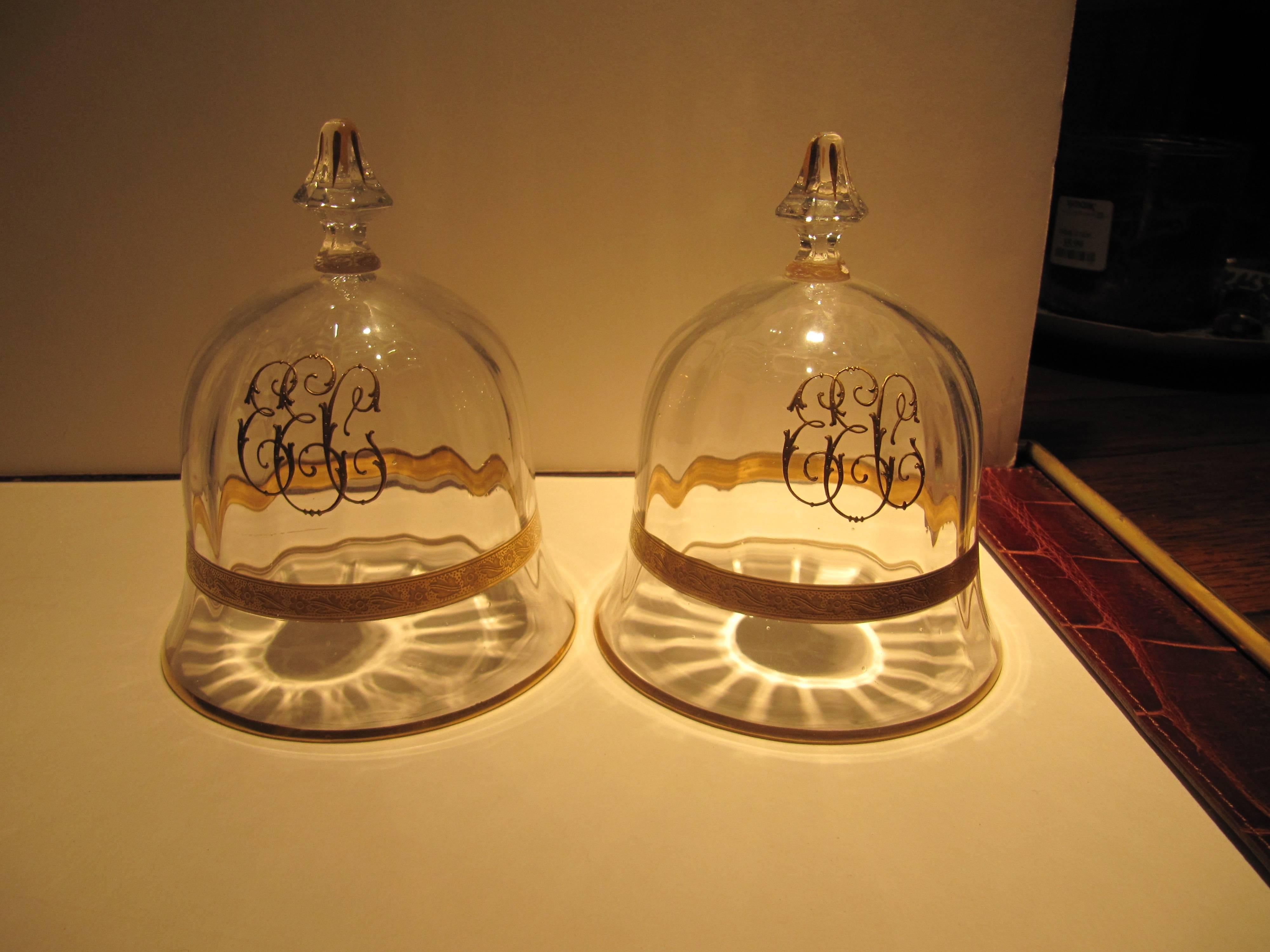 Set of eight charming crystal cloche with gilt accents. Great tabletop presentation for small dessert. Perfect cover for a wheel of Boursin cheese.