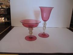 Extensive Collection of Cranberry Venetian Glass Stemware, Plates and Tumblers