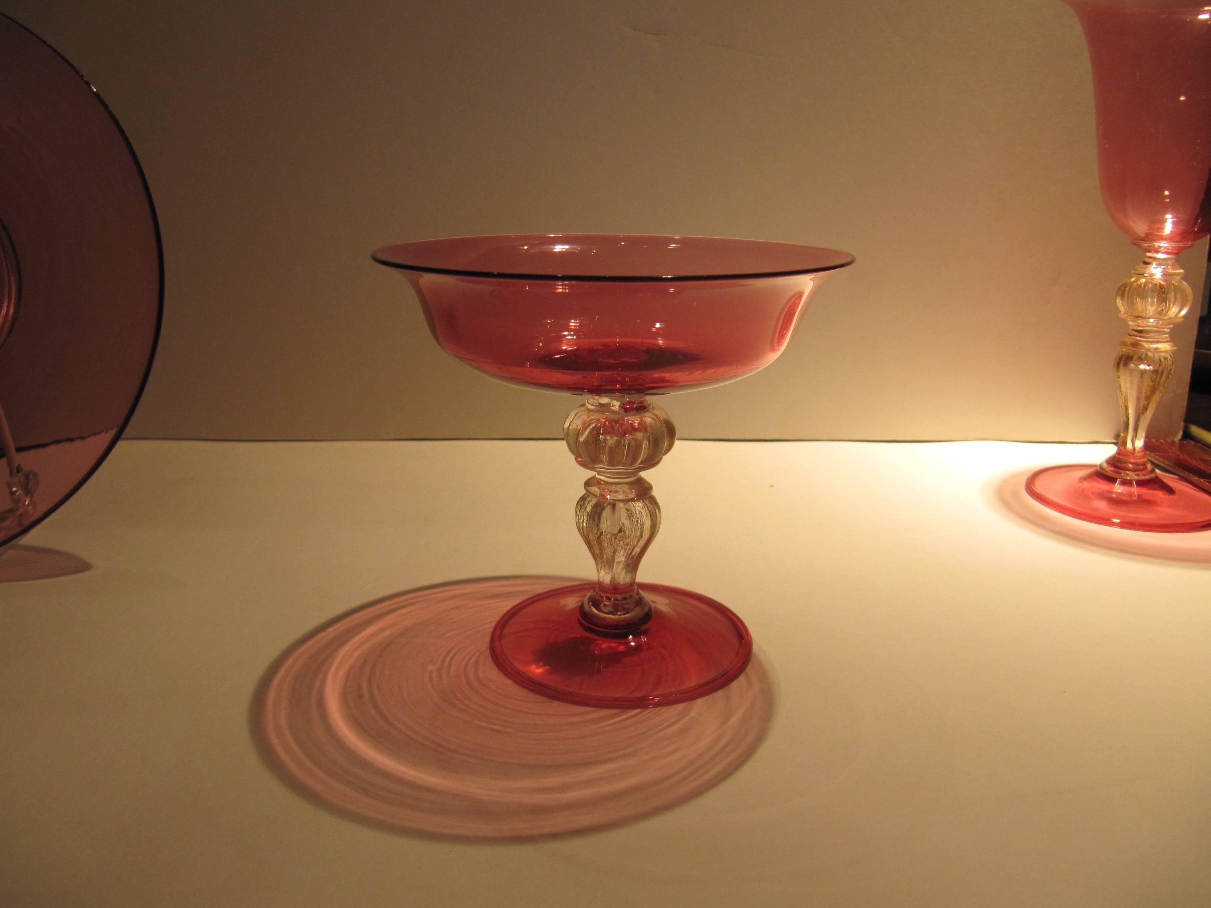 Italian Extensive Collection of Cranberry Venetian Glass Stemware, Plates and Tumblers