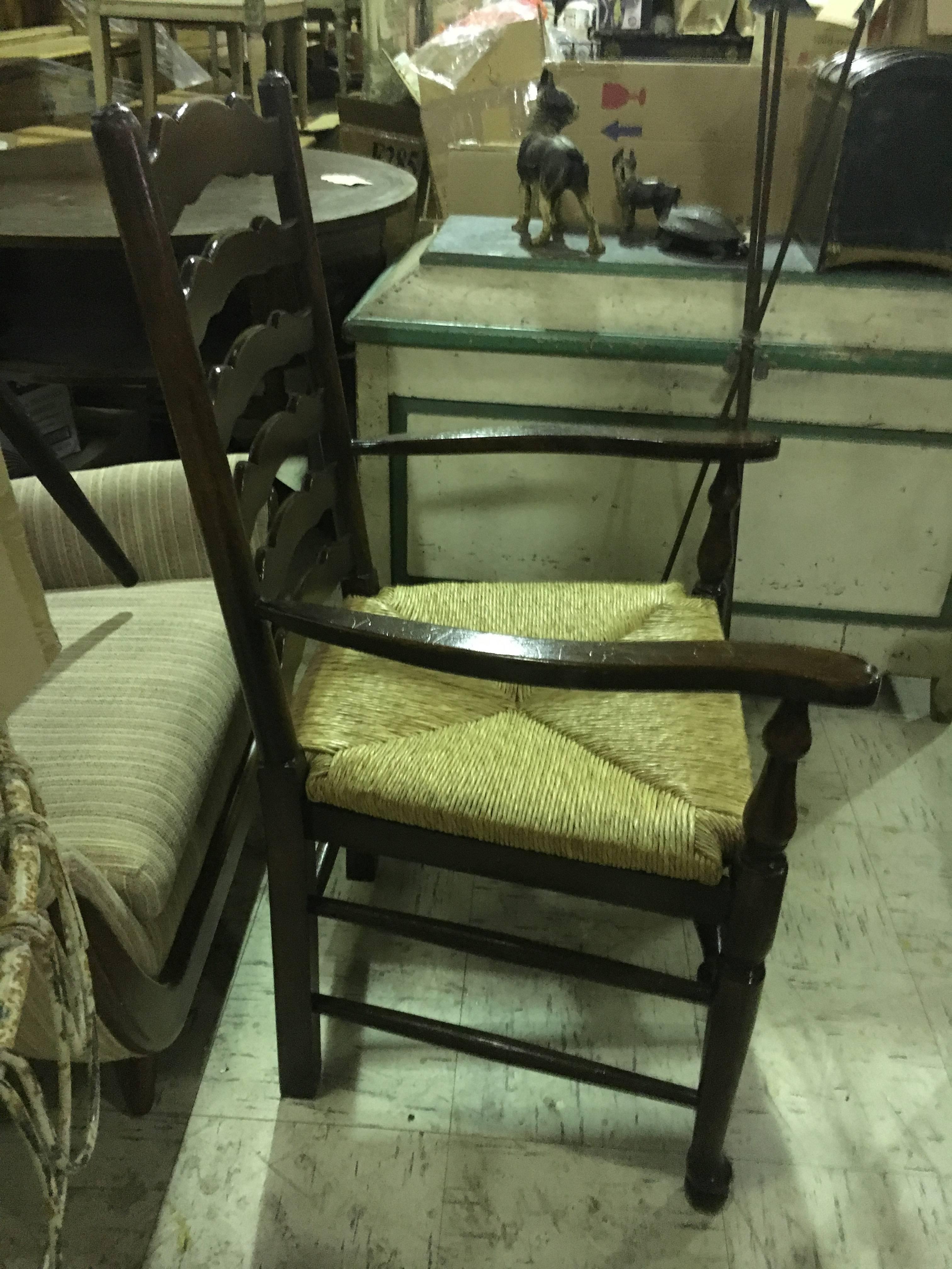 20th Century Four English Oak Ladder Back Armchairs. Very comfortable, great color and patina For Sale