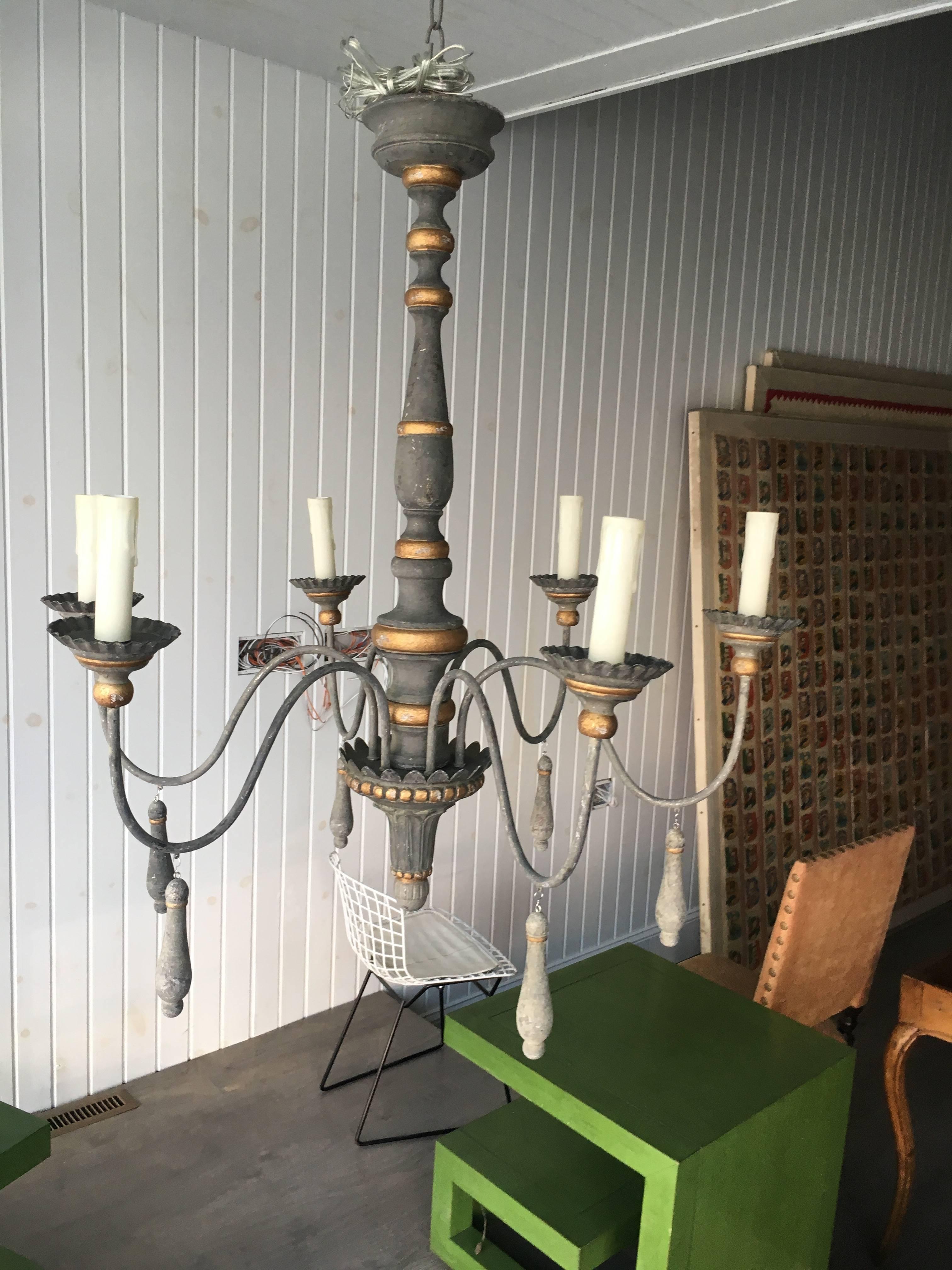 French Provincial Two Chic Six-Arm Chandeliers in Lovely French Grey Finish, Gilt Accents.  For Sale
