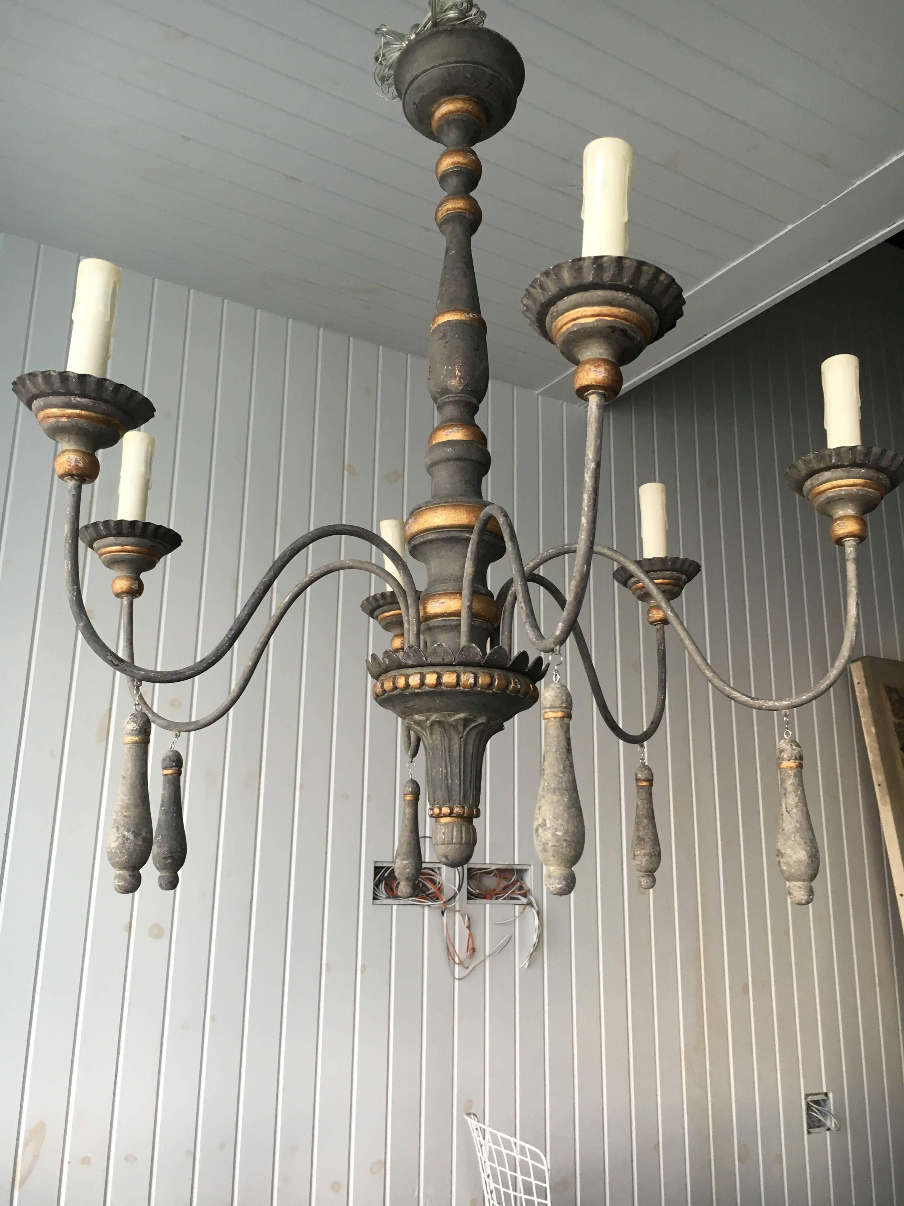 Unknown Two Chic Six-Arm Chandeliers in Lovely French Grey Finish, Gilt Accents.  For Sale