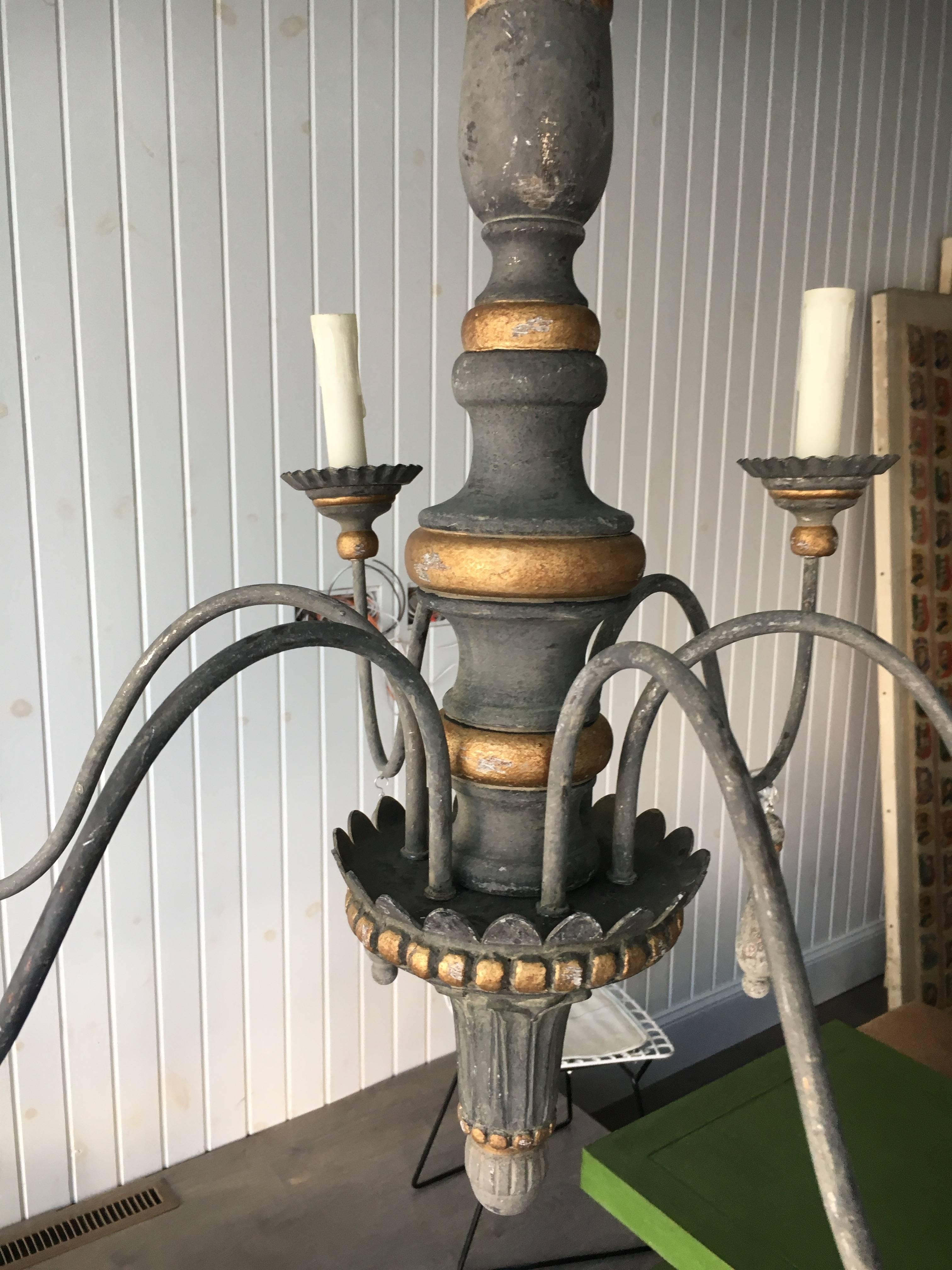 Two Chic Six-Arm Chandeliers in Lovely French Grey Finish, Gilt Accents.  In Excellent Condition For Sale In Buchanan, MI