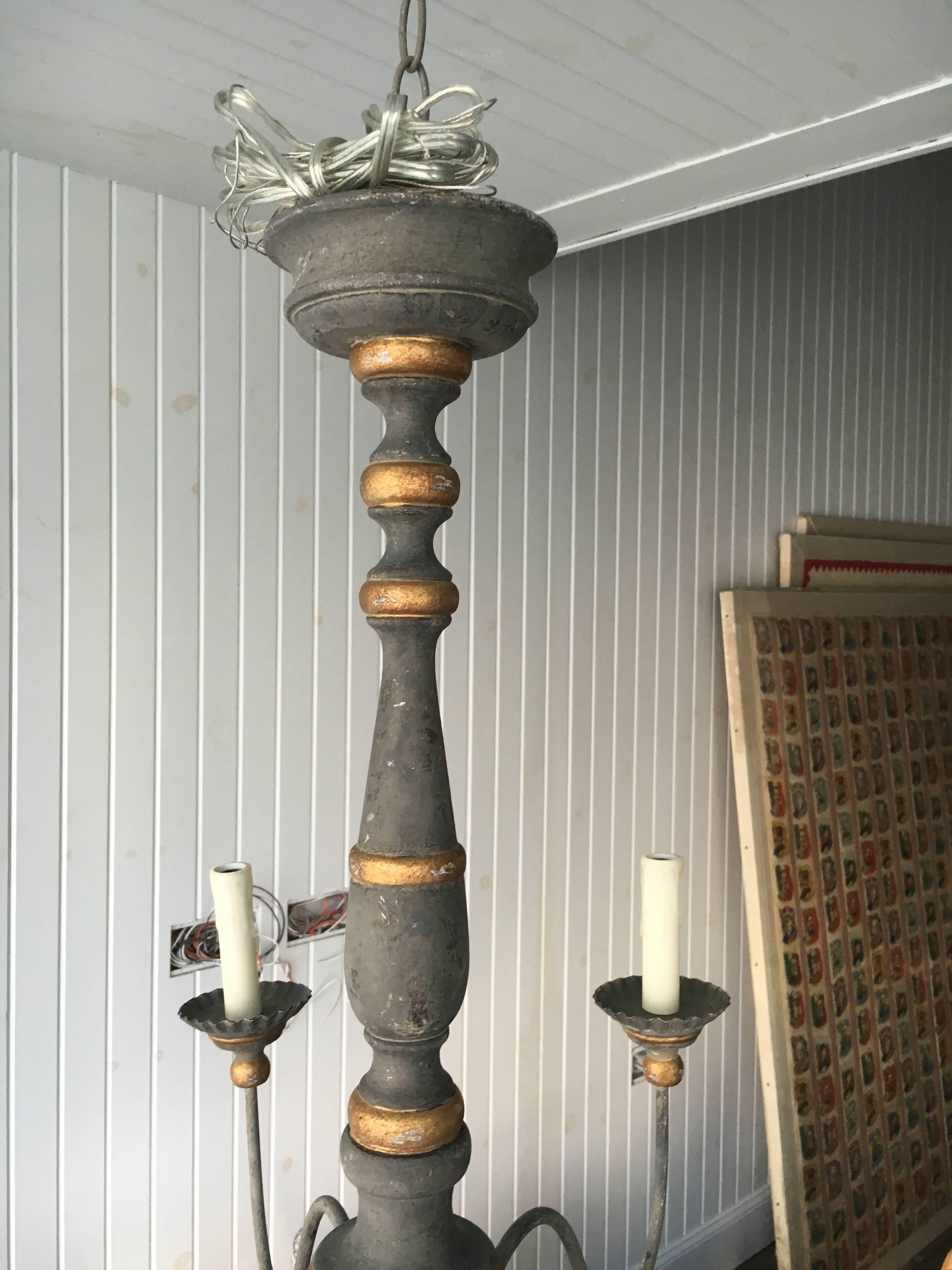 20th Century Two Chic Six-Arm Chandeliers in Lovely French Grey Finish, Gilt Accents.  For Sale