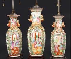Three 19th Century Vases Mounted as Lamps.  We will divide the pair.