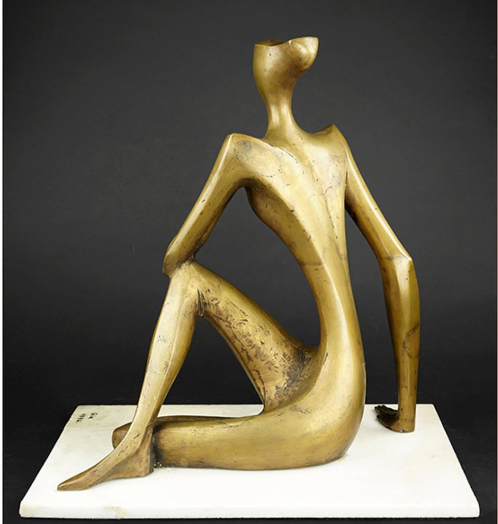 Patinated bronze sculpture of a seated cross-legged woman. Base is titled and dated 