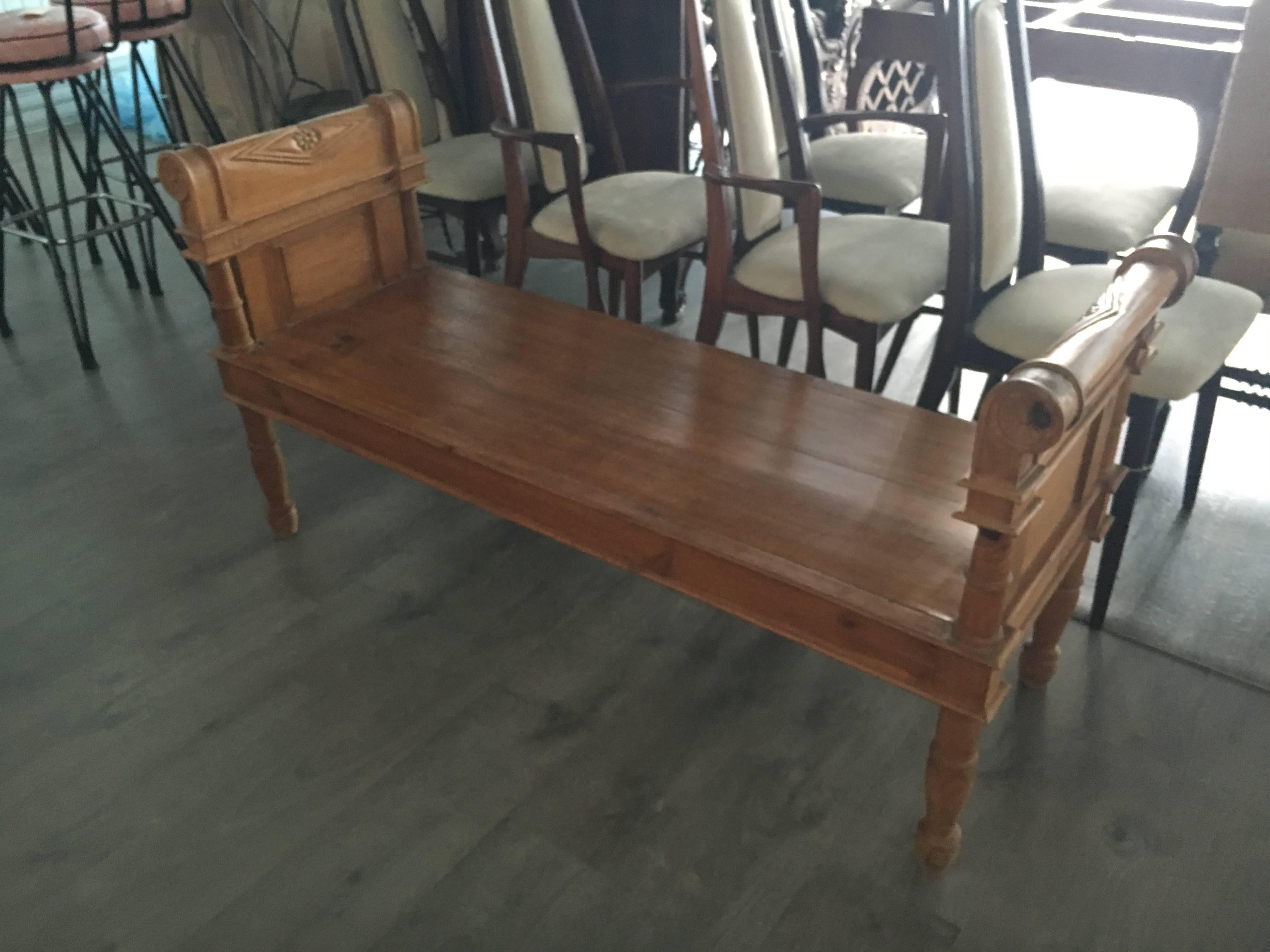 Handsome Directoire Irish pine window bench or bench for foot of bed.