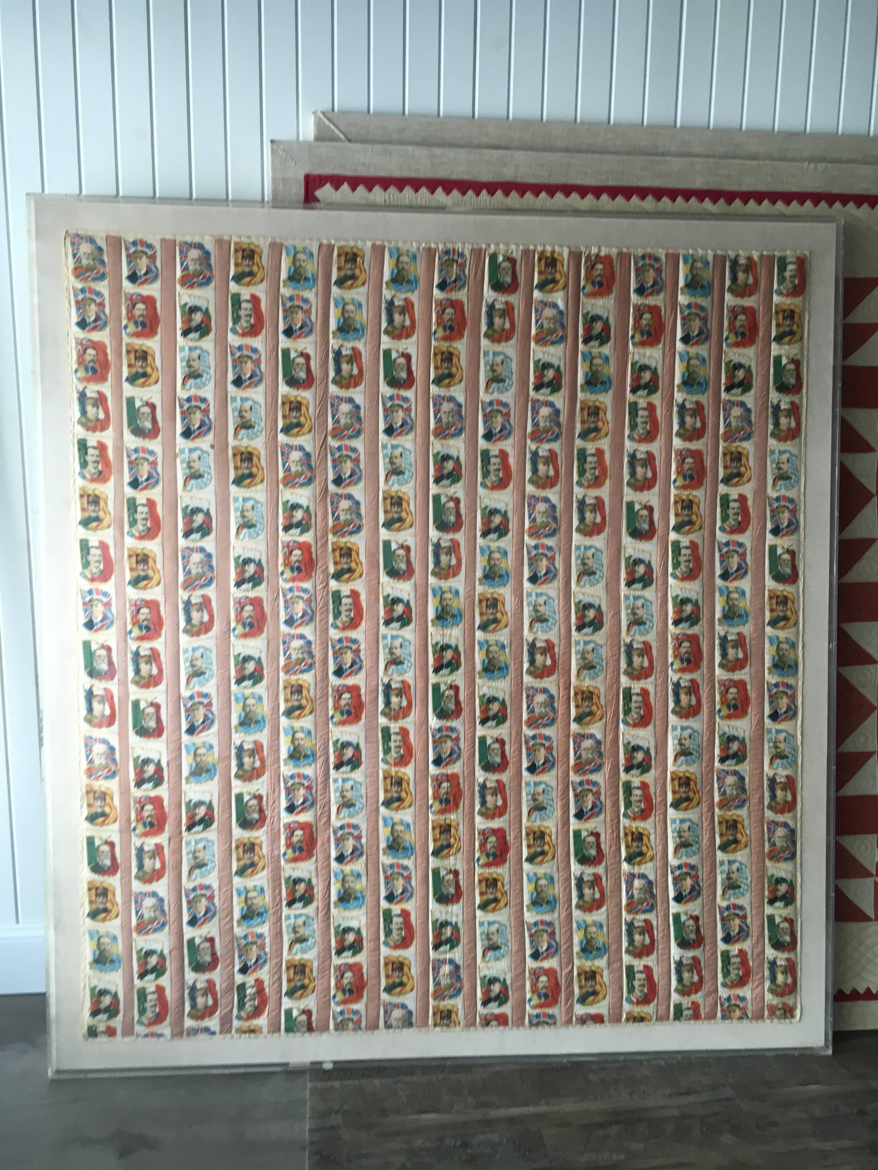 Imperial Tobacco Company of Canada silk trading cards quilt mounted on canvas. Featuring silk cigarette cards in the Rulers with Flags series, dating 1910. The cards are hand sewn in strips and then machine mounted on a cloth quilted backing
Quilt: