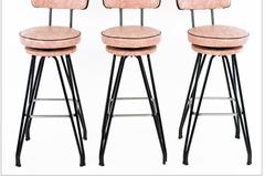 Three Kitch Mid-Century Bar Stools with Pink Upholstery, Black Piping