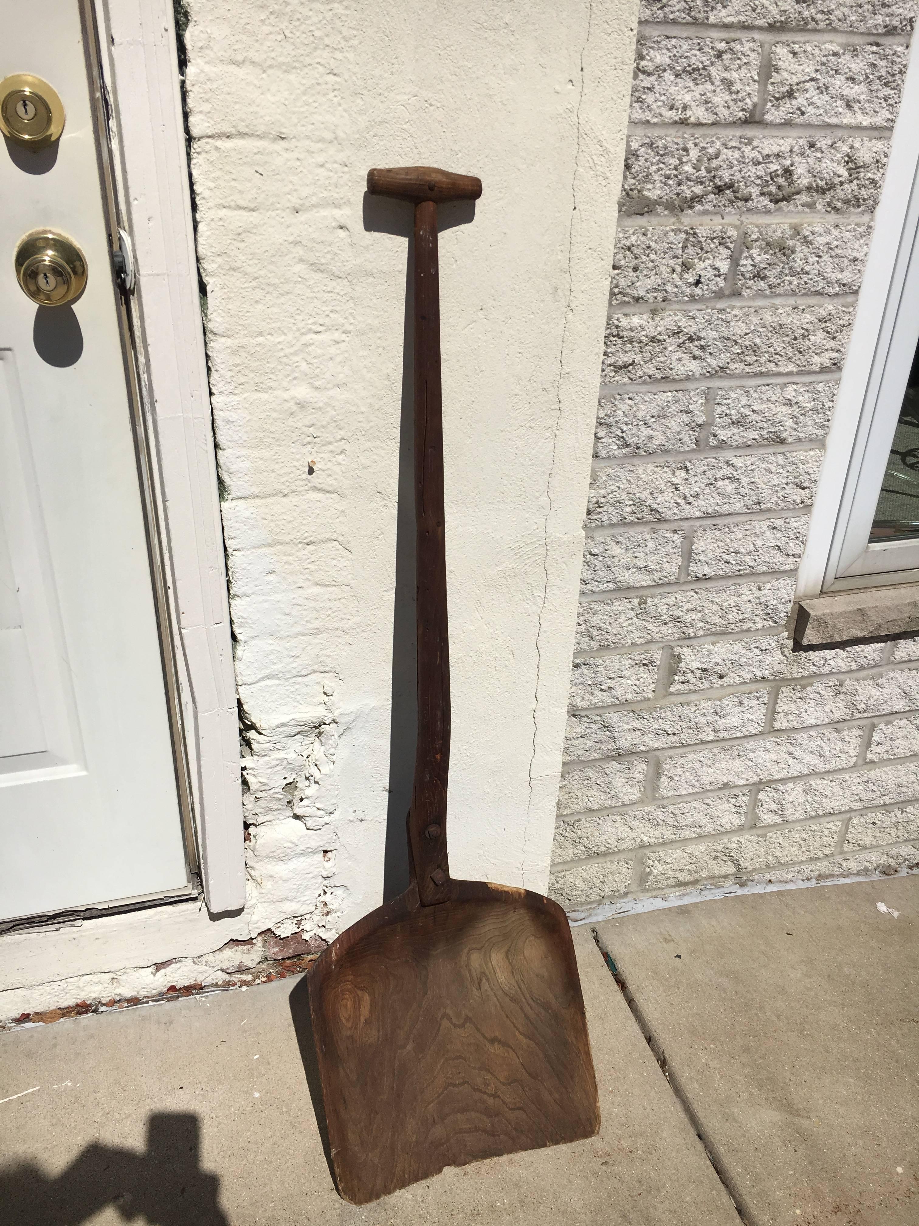 An early collection of Amish farm tools, great use for wall sculpture or accents, consisting of two pitchforks, one hand-carved wooden shovel and one very rare sifter. Note priced per piece. Measurements vary from piece to piece.