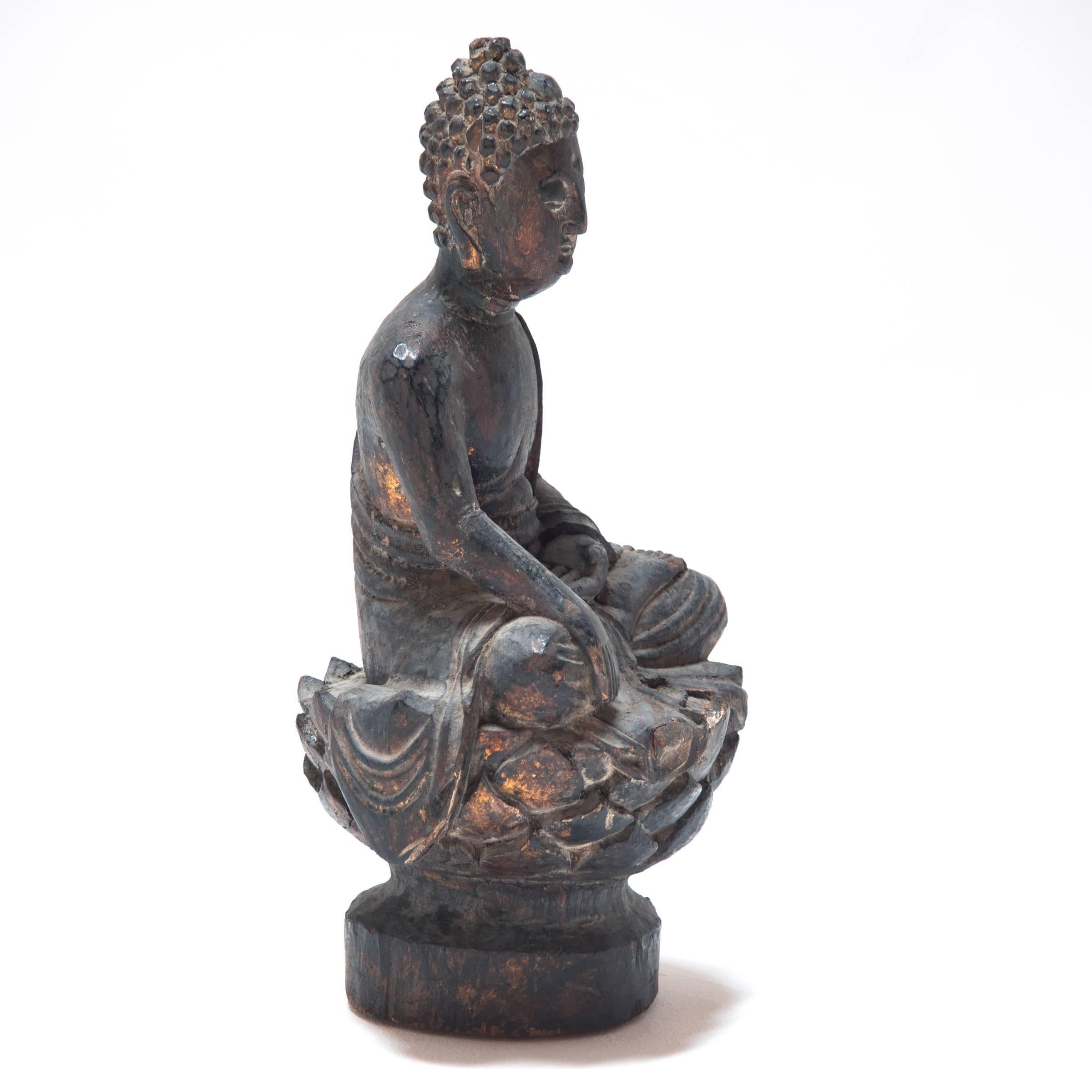 Chinese Early 19th century Carved Seated Sakyamuni on Lotus 