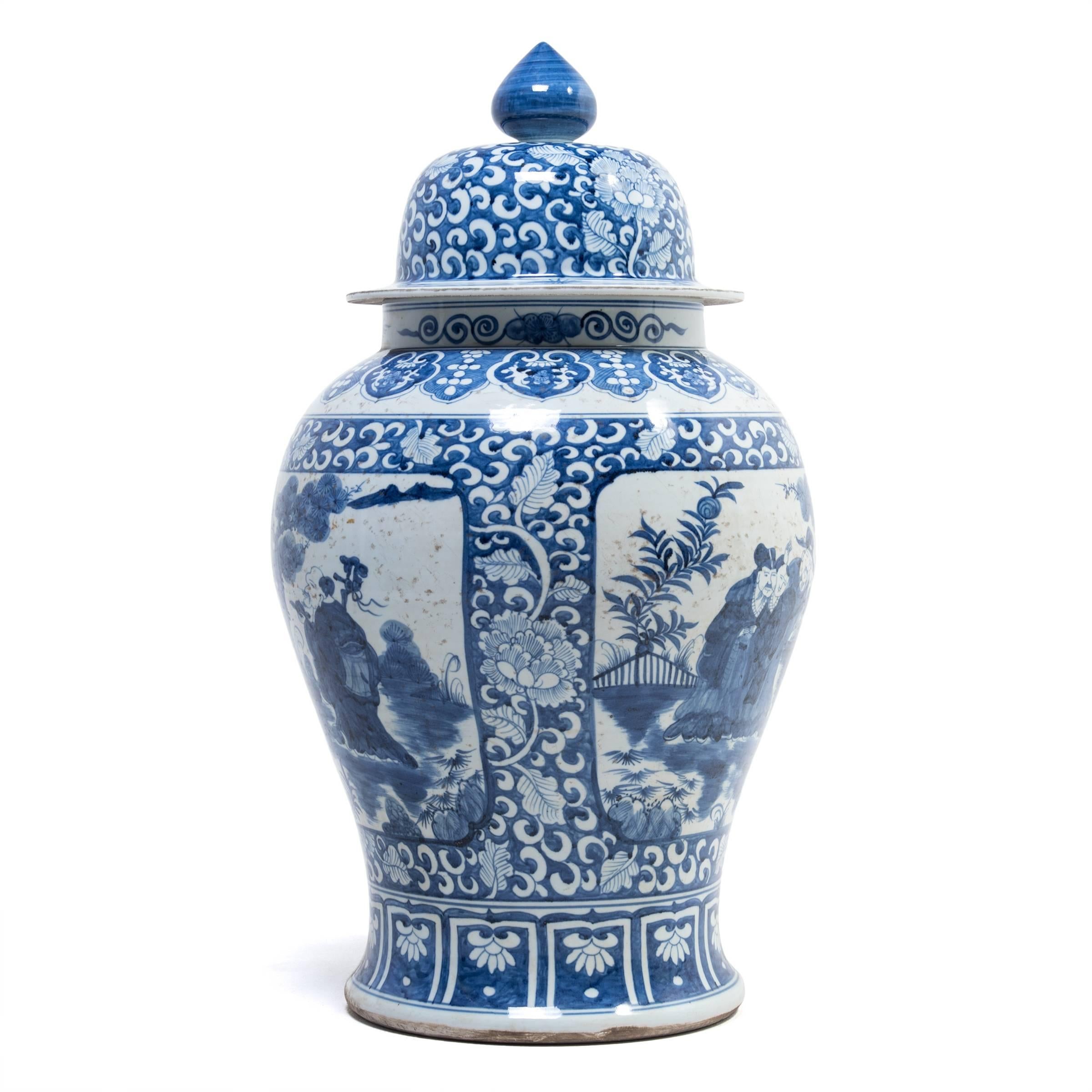 Glazed Blue and White Ginger Jar with Scholars in a Garden Portraits